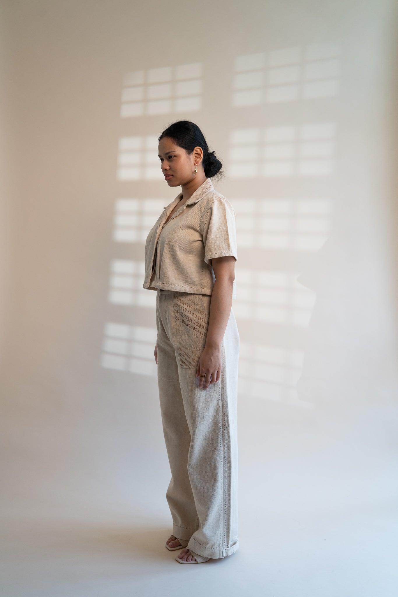 Dawning Denim Crop Jacket & Patch Pocket Pants Set by Lafaani with Beige, Casual Wear, Co-ord Sets, Dawning by Lafaani, Denim, Embroidered, Hand Woven Cotton, Kora, Natural, Office, Office Wear Co-ords, Regular Fit, Womenswear at Kamakhyaa for sustainable fashion