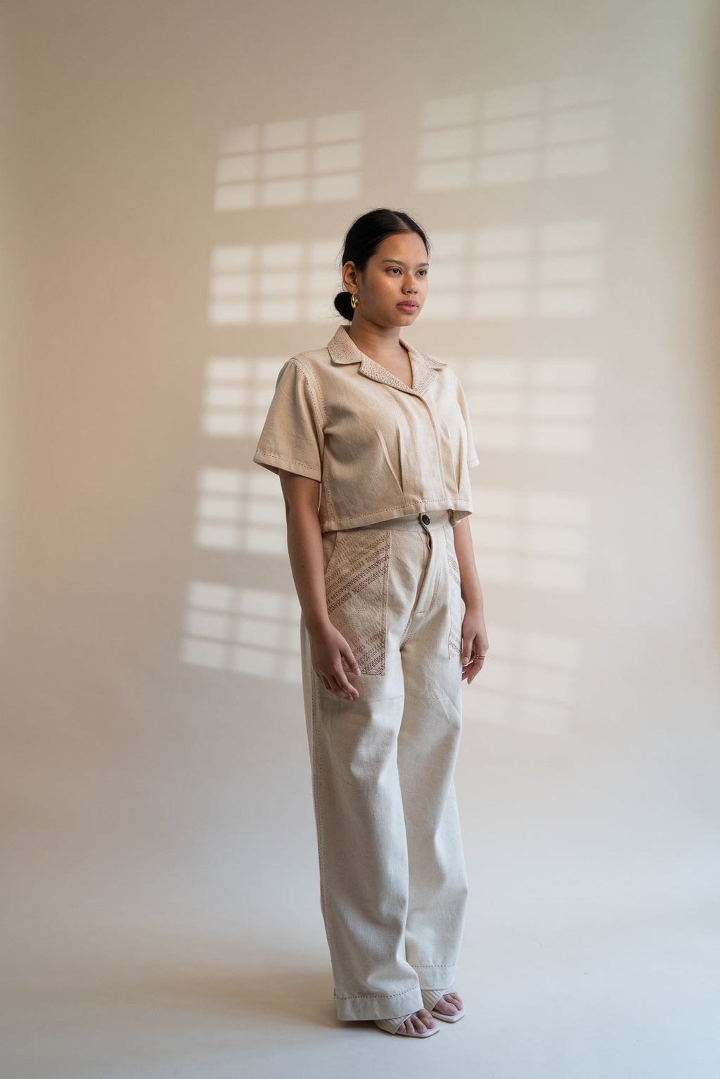 Dawning Denim Crop Jacket & Patch Pocket Pants Set by Lafaani with Beige, Casual Wear, Co-ord Sets, Dawning by Lafaani, Denim, Embroidered, Hand Woven Cotton, Kora, Natural, Office, Office Wear Co-ords, Regular Fit, Womenswear at Kamakhyaa for sustainable fashion