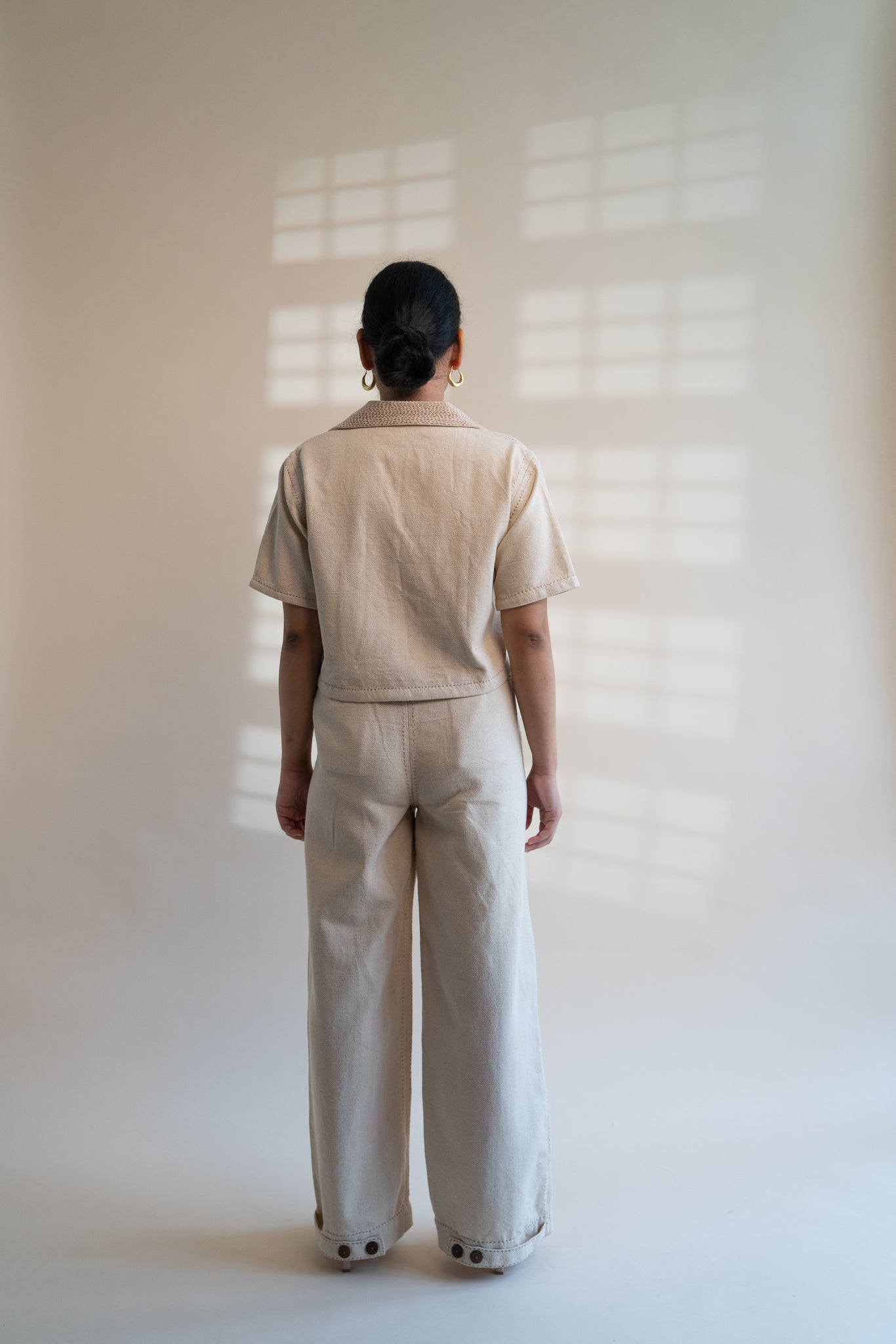 Dawning Denim Crop Jacket & Patch Pocket Pants Set by Lafaani with Beige, Casual Wear, Co-ord Sets, Dawning by Lafaani, Denim, Embroidered, Hand Woven Cotton, Kora, Natural, Office, Office Wear Co-ords, Regular Fit, Womenswear at Kamakhyaa for sustainable fashion