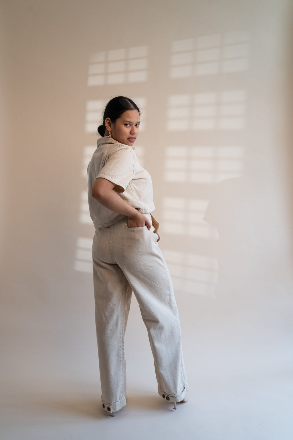 Dawning Denim Crop Jacket & Patch Pocket Pants Set by Lafaani with Beige, Casual Wear, Co-ord Sets, Dawning by Lafaani, Denim, Embroidered, Hand Woven Cotton, Kora, Natural, Office, Office Wear Co-ords, Regular Fit, Womenswear at Kamakhyaa for sustainable fashion