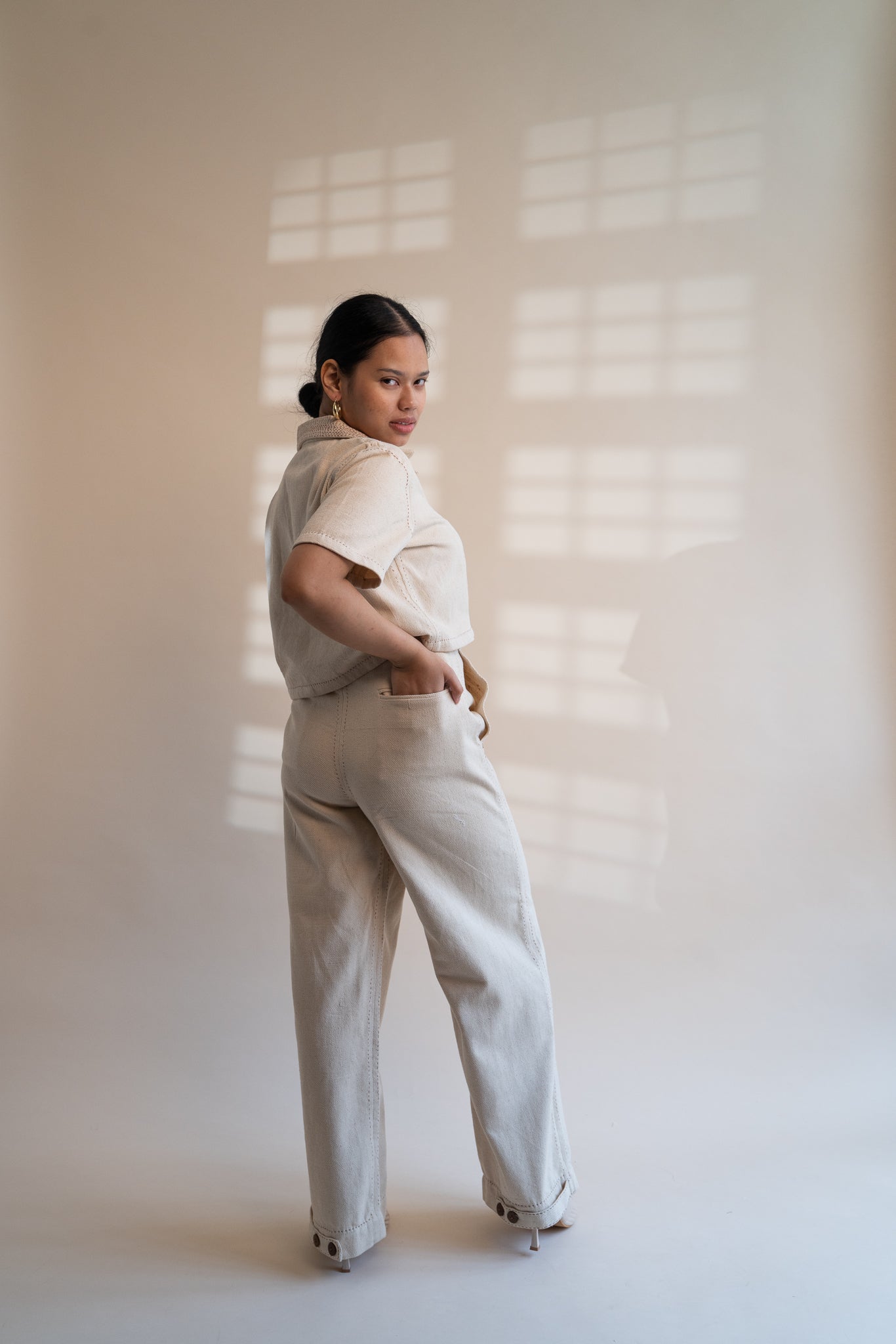 Dawning Denim Crop Jacket & Patch Pocket Pants Set by Lafaani with Beige, Casual Wear, Co-ord Sets, Dawning by Lafaani, Denim, Embroidered, Hand Woven Cotton, Kora, Natural, Office, Office Wear Co-ords, Regular Fit, Womenswear at Kamakhyaa for sustainable fashion