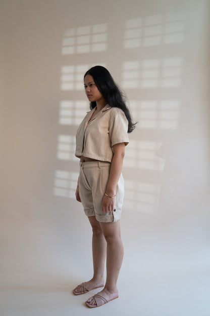 Dawning Denim Crop Jacket & Shorts Set by Lafaani with Beige, Casual Wear, Co-ord Sets, Dawning by Lafaani, Denim, Embroidered, Hand Woven Cotton, Kora, Natural, Regular Fit, Travel, Travel Co-ords, Womenswear at Kamakhyaa for sustainable fashion