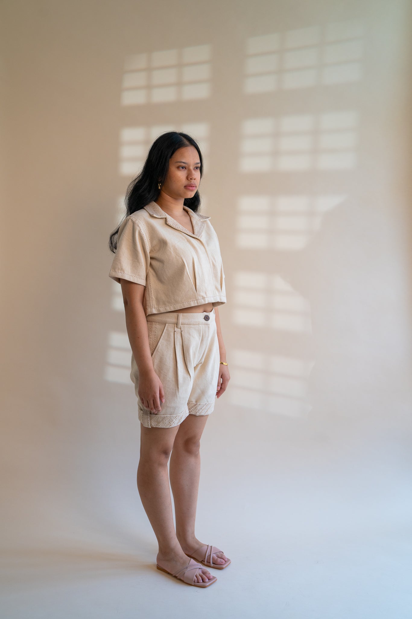 Dawning Denim Crop Jacket & Shorts Set by Lafaani with Beige, Casual Wear, Co-ord Sets, Dawning by Lafaani, Denim, Embroidered, Hand Woven Cotton, Kora, Natural, Regular Fit, Travel, Travel Co-ords, Womenswear at Kamakhyaa for sustainable fashion