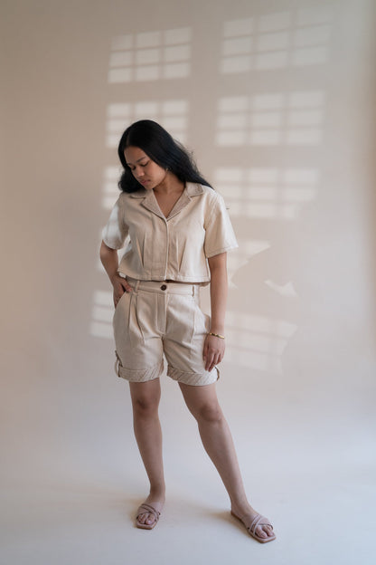 Dawning Denim Crop Jacket & Shorts Set by Lafaani with Beige, Casual Wear, Co-ord Sets, Dawning by Lafaani, Denim, Embroidered, Hand Woven Cotton, Kora, Natural, Regular Fit, Travel, Travel Co-ords, Womenswear at Kamakhyaa for sustainable fashion