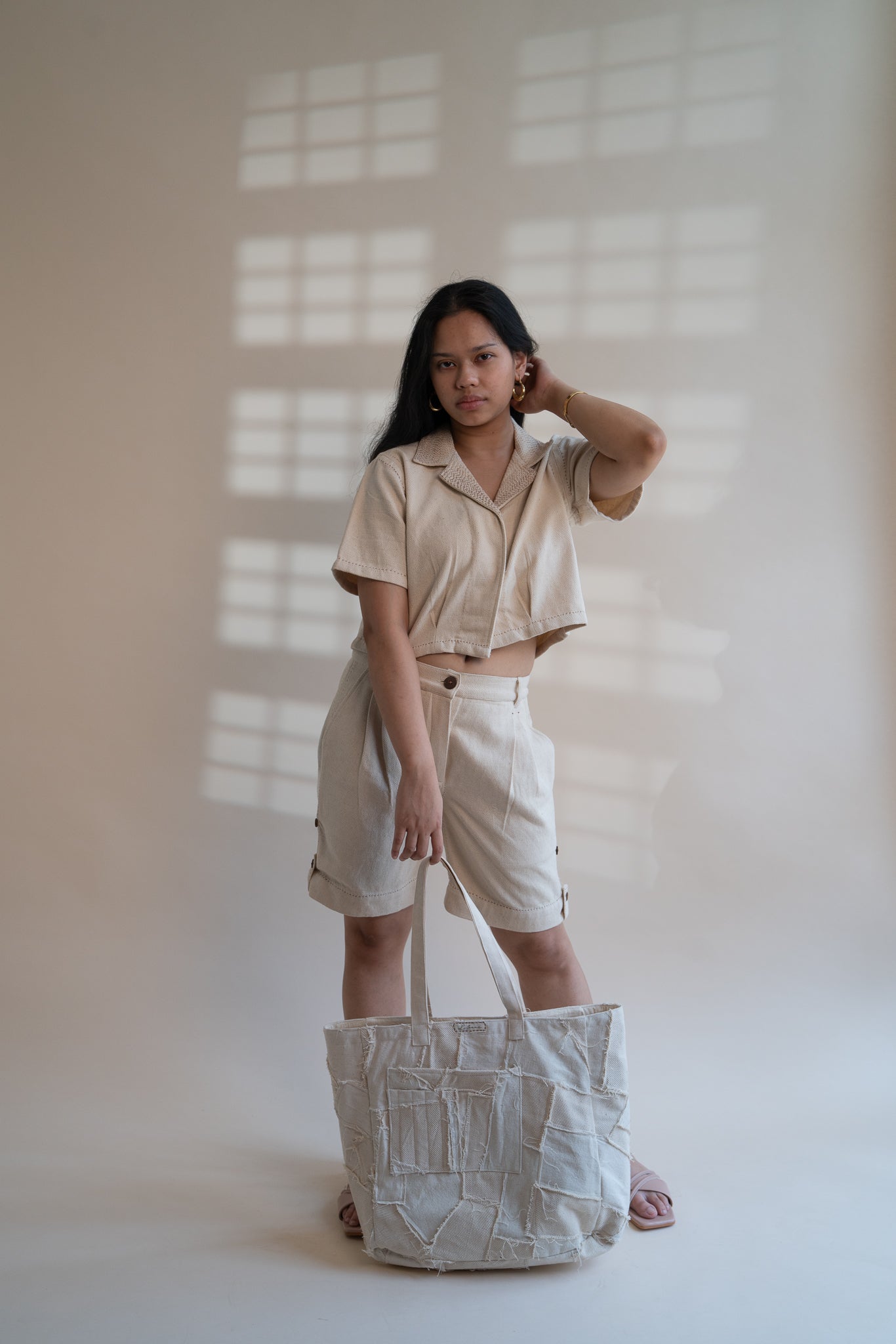 Dawning Denim Crop Jacket & Shorts Set by Lafaani with Beige, Casual Wear, Co-ord Sets, Dawning by Lafaani, Denim, Embroidered, Hand Woven Cotton, Kora, Natural, Regular Fit, Travel, Travel Co-ords, Womenswear at Kamakhyaa for sustainable fashion
