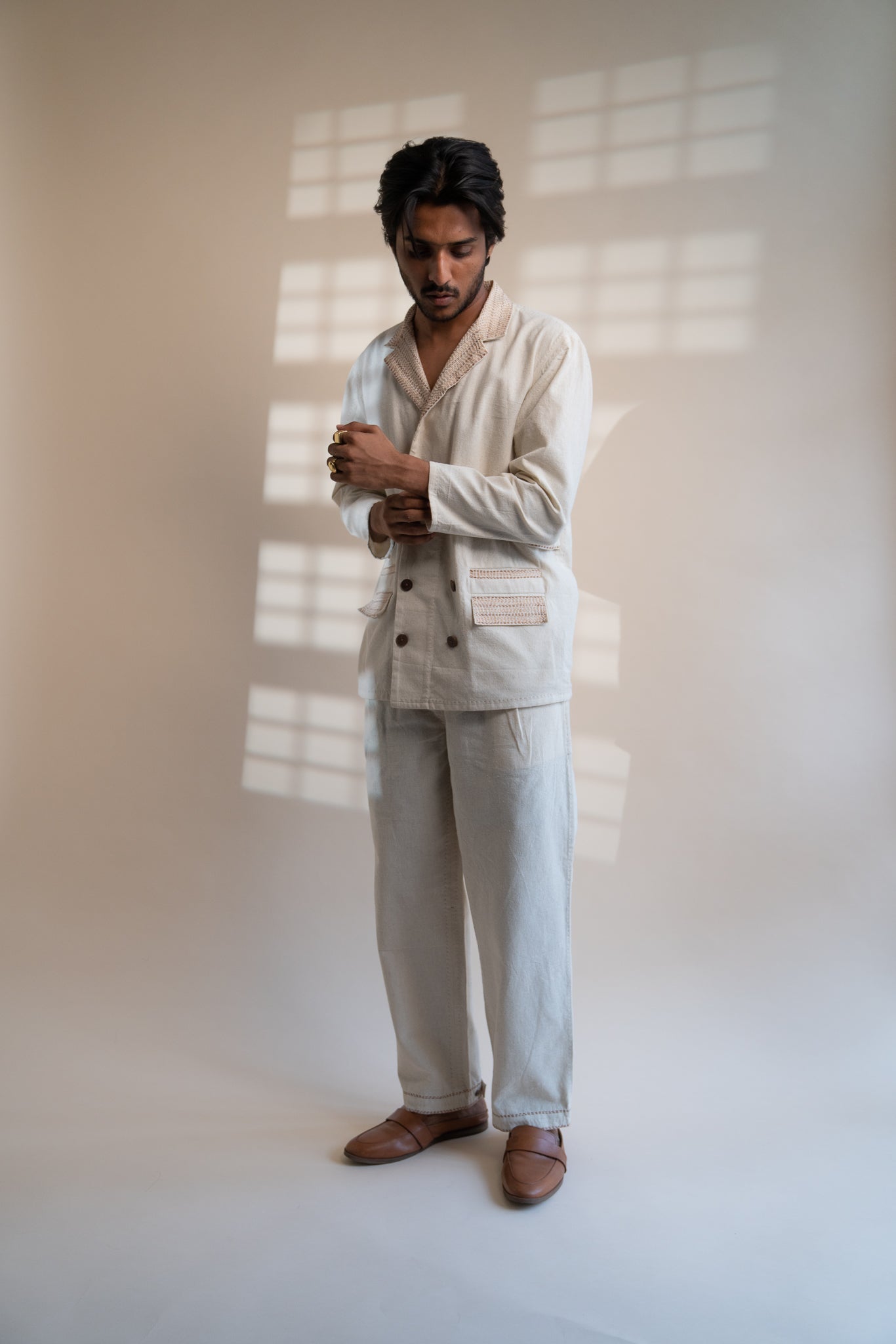 Dawning Unisex Double Breasted Jacket & Pleated Pants Set by Lafaani with Beige, Bottoms, Casual Wear, Co-ord Sets, Dawning by Lafaani, Denim, Embroidered, For Him, Hand Woven Cotton, Kora, Mens Co-ords, Menswear, Natural, Regular Fit, Unisex at Kamakhyaa for sustainable fashion