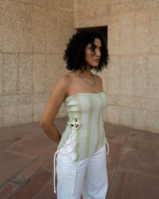 Green Stripes Top by Meko Studio with Fusion Wear, Green, Hand knitted, July Sale, July Sale 2023, Off-shoulder Tops, Slim Fit, Sourced from dead stock yarns, Stripes, Tops, Tranquil AW-22/23, Tranquil by Meko Studio, White, Womenswear at Kamakhyaa for sustainable fashion