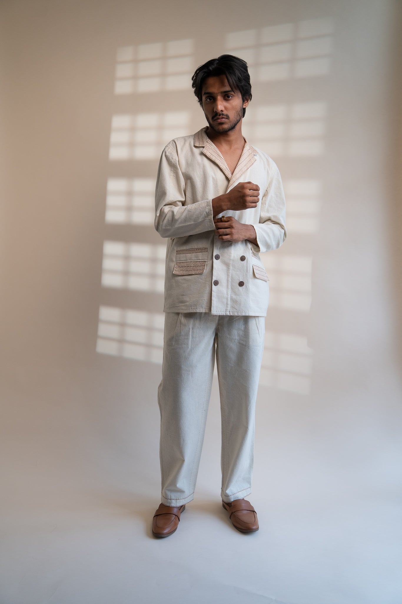 Dawning Unisex Double Breasted Jacket & Pleated Pants Set by Lafaani with Beige, Bottoms, Casual Wear, Co-ord Sets, Dawning by Lafaani, Denim, Embroidered, For Him, Hand Woven Cotton, Kora, Mens Co-ords, Menswear, Natural, Regular Fit, Unisex at Kamakhyaa for sustainable fashion