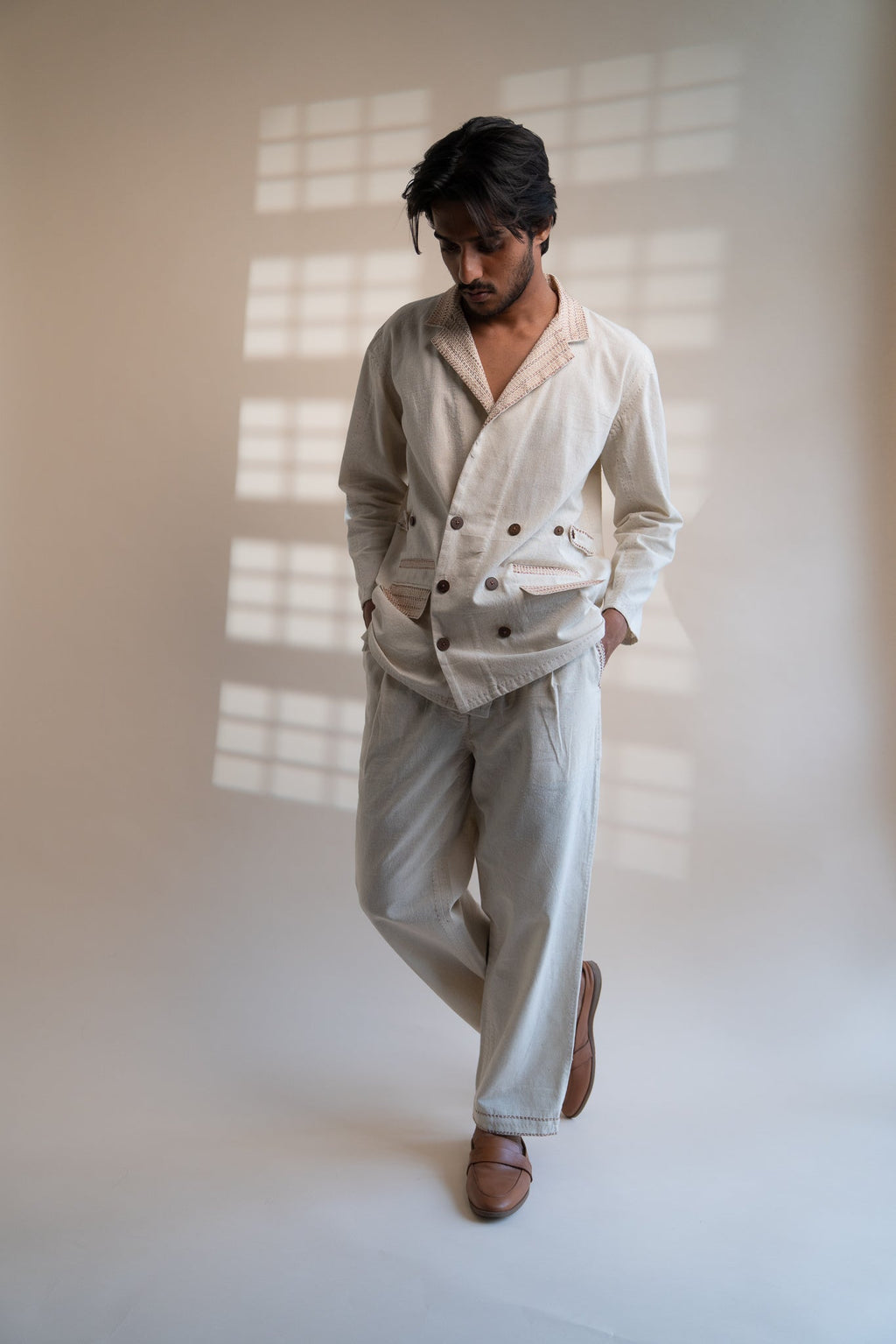 Dawning Unisex Double Breasted Jacket by Lafaani with Beige, Casual Wear, Dawning by Lafaani, Denim, Embroidered, For Him, Hand Woven Cotton, Jackets, Kora, Mens Overlay, Menswear, Natural, Regular Fit, Unisex at Kamakhyaa for sustainable fashion