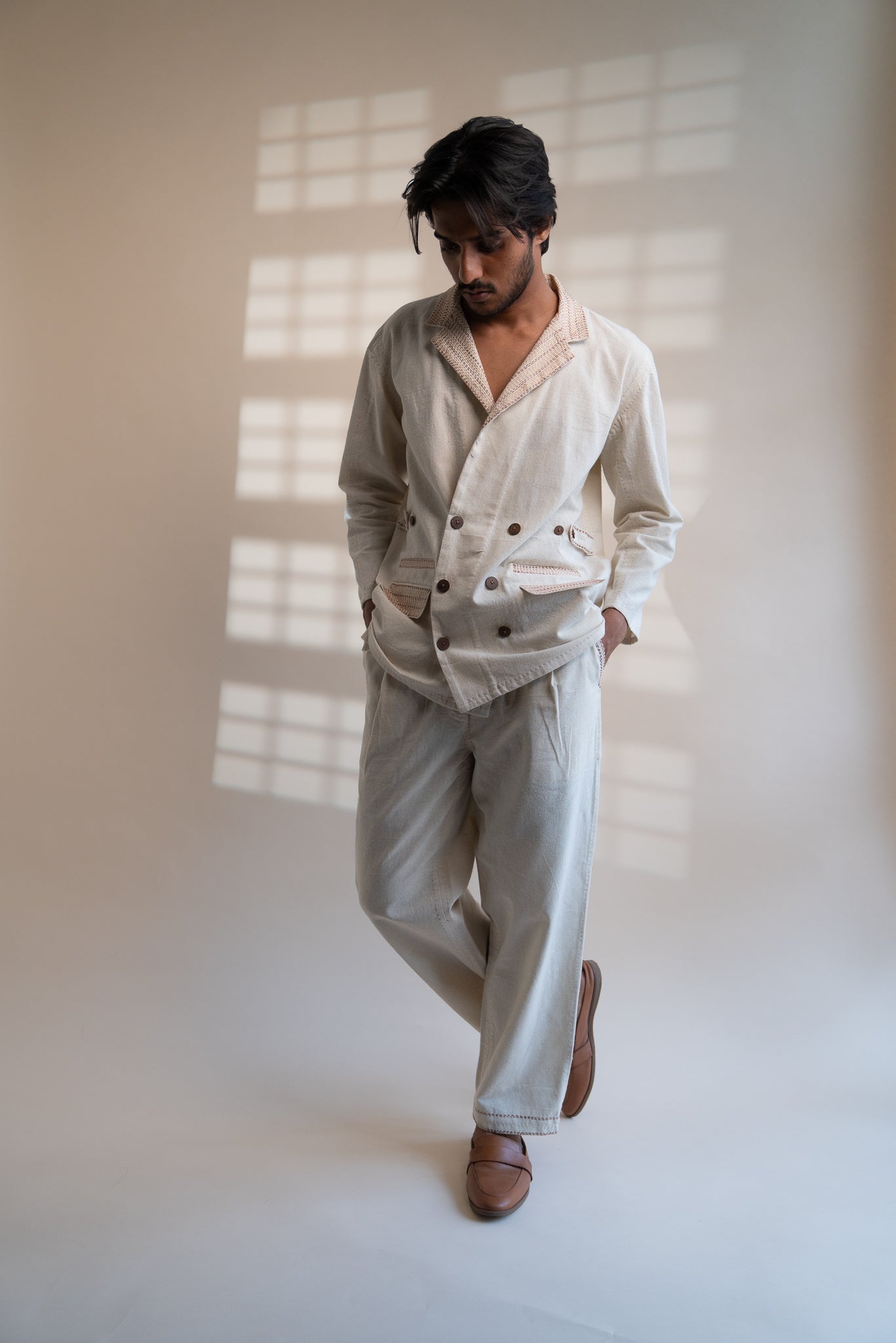 Dawning Unisex Double Breasted Jacket by Lafaani with Beige, Casual Wear, Dawning by Lafaani, Denim, Embroidered, For Him, Hand Woven Cotton, Jackets, Kora, Mens Overlay, Menswear, Natural, Regular Fit, Unisex at Kamakhyaa for sustainable fashion