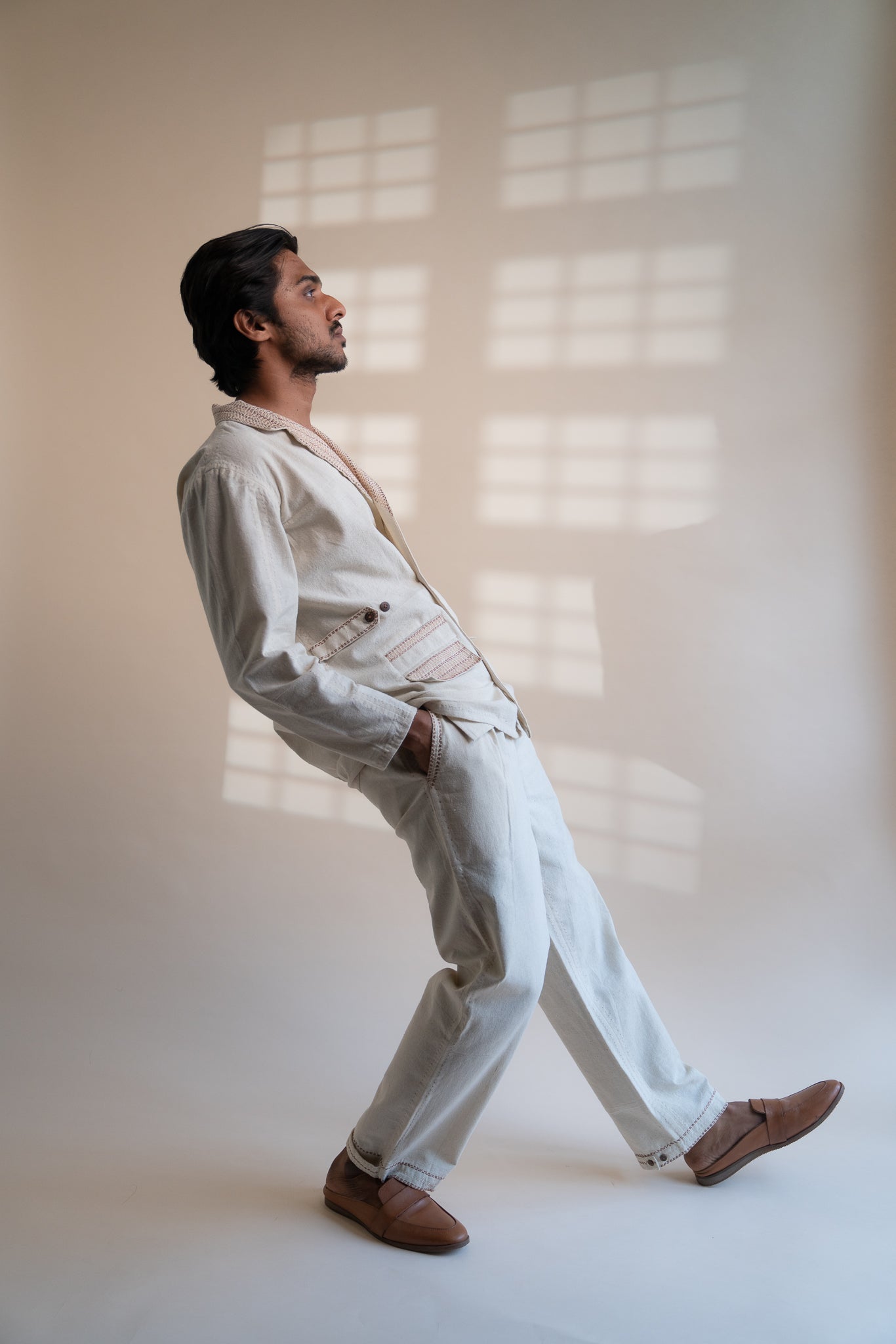 Dawning Unisex Double Breasted Jacket & Pleated Pants Set by Lafaani with Beige, Bottoms, Casual Wear, Co-ord Sets, Dawning by Lafaani, Denim, Embroidered, For Him, Hand Woven Cotton, Kora, Mens Co-ords, Menswear, Natural, Regular Fit, Unisex at Kamakhyaa for sustainable fashion
