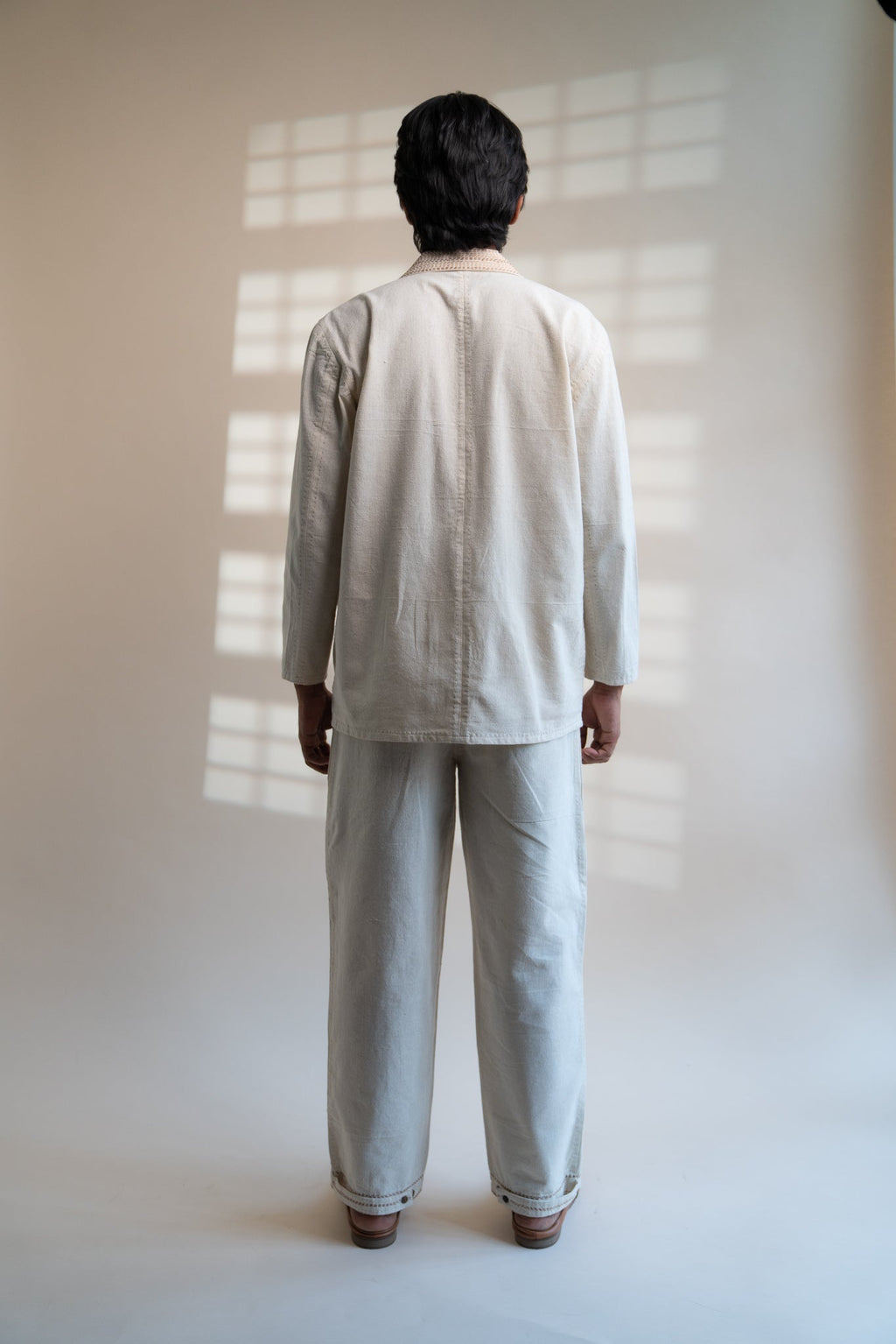 Dawning Unisex Double Breasted Jacket by Lafaani with Beige, Casual Wear, Dawning by Lafaani, Denim, Embroidered, For Him, Hand Woven Cotton, Jackets, Kora, Mens Overlay, Menswear, Natural, Regular Fit, Unisex at Kamakhyaa for sustainable fashion