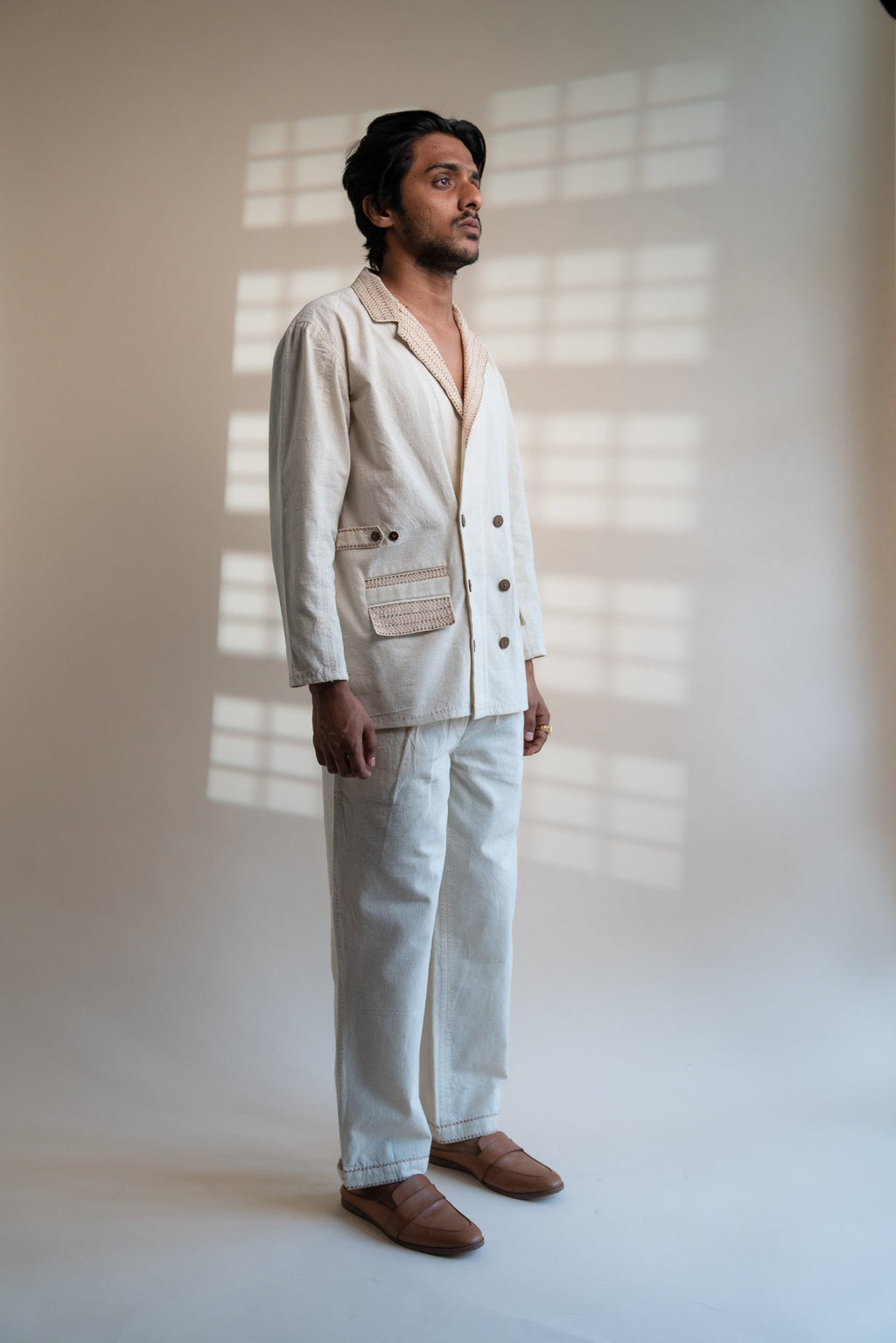 Dawning Unisex Double Breasted Jacket by Lafaani with Beige, Casual Wear, Dawning by Lafaani, Denim, Embroidered, For Him, Hand Woven Cotton, Jackets, Kora, Mens Overlay, Menswear, Natural, Regular Fit, Unisex at Kamakhyaa for sustainable fashion