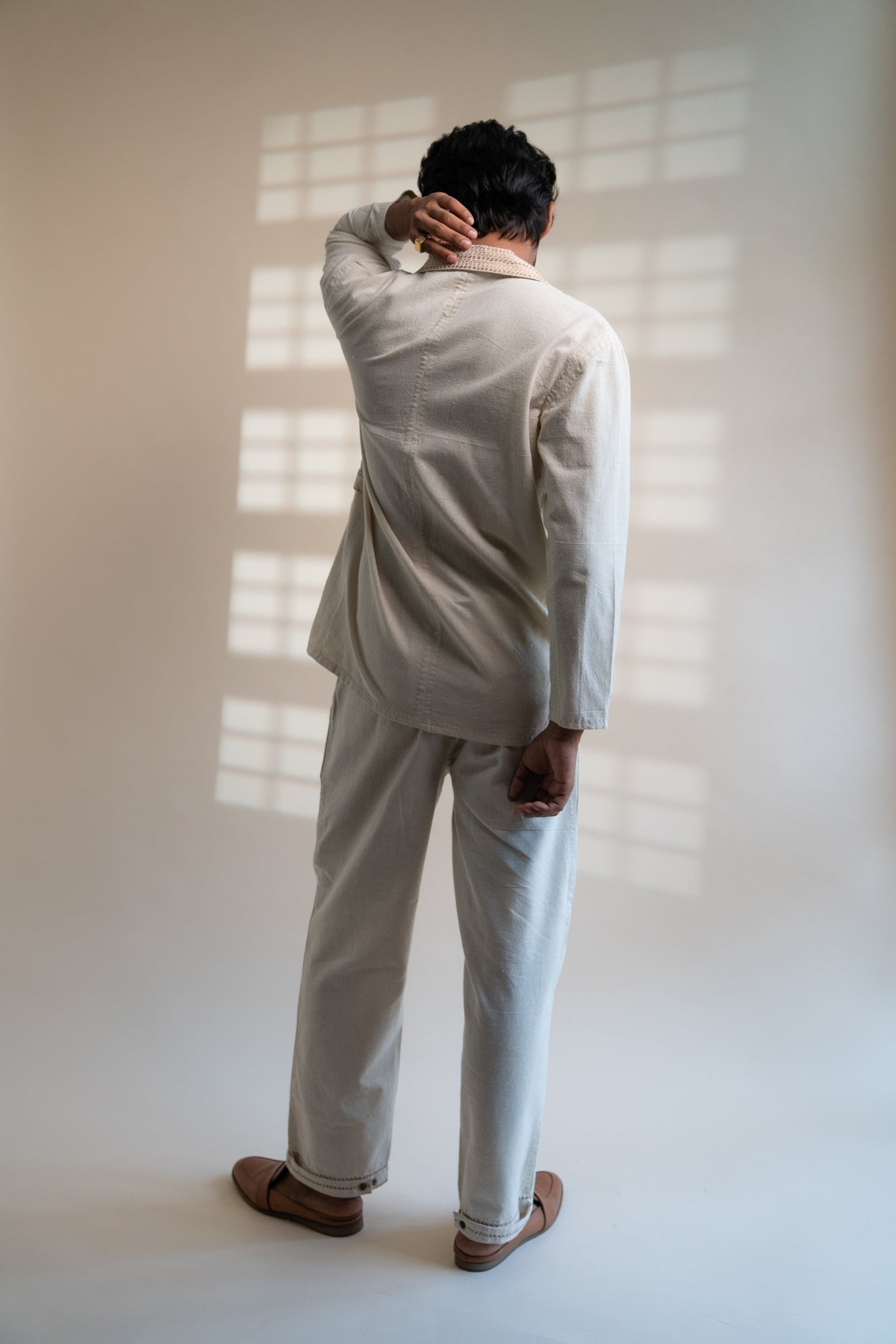 Dawning Unisex Double Breasted Jacket & Pleated Pants Set by Lafaani with Beige, Bottoms, Casual Wear, Co-ord Sets, Dawning by Lafaani, Denim, Embroidered, For Him, Hand Woven Cotton, Kora, Mens Co-ords, Menswear, Natural, Regular Fit, Unisex at Kamakhyaa for sustainable fashion