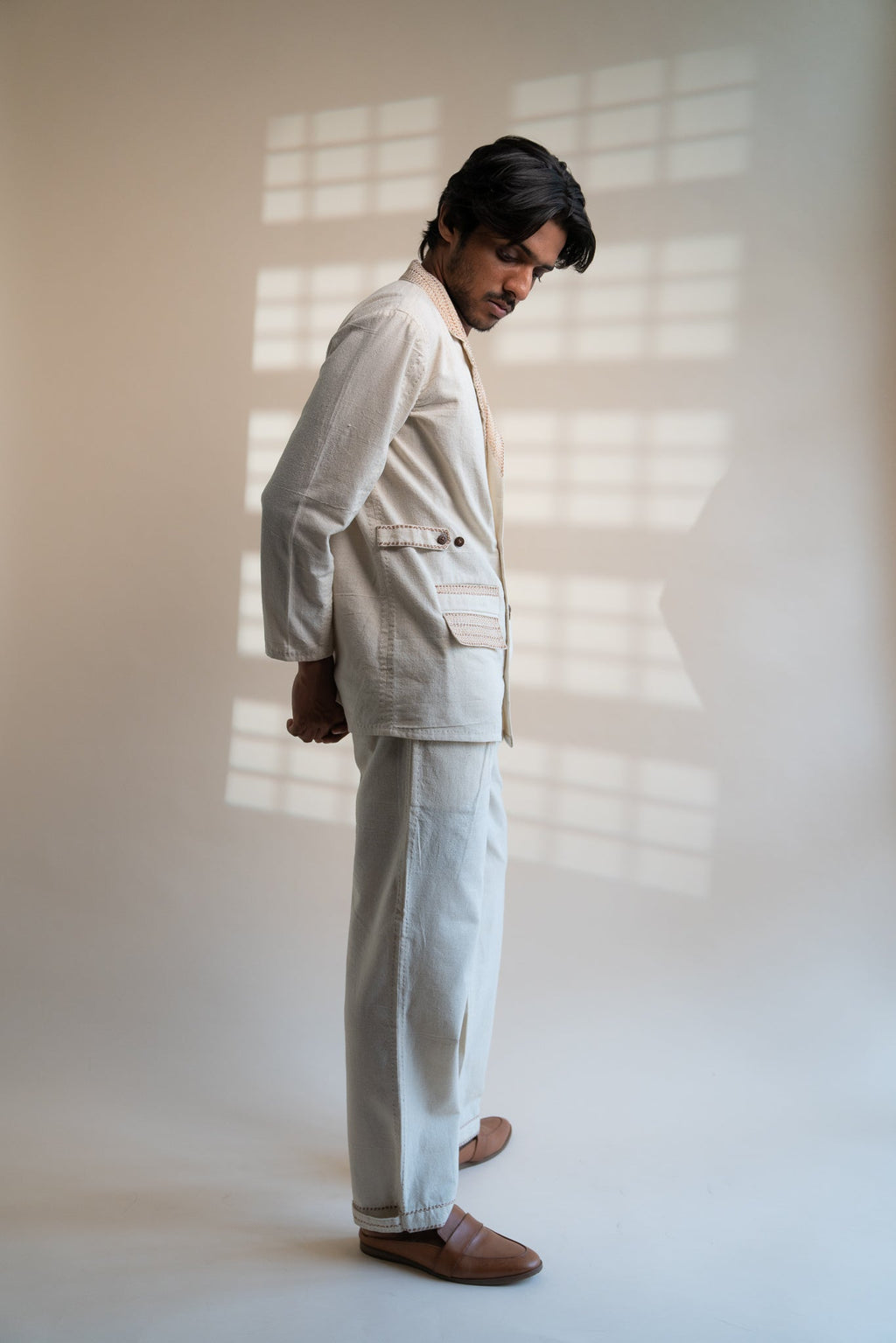 Dawning Unisex Double Breasted Jacket & Pleated Pants Set by Lafaani with Beige, Bottoms, Casual Wear, Co-ord Sets, Dawning by Lafaani, Denim, Embroidered, For Him, Hand Woven Cotton, Kora, Mens Co-ords, Menswear, Natural, Regular Fit, Unisex at Kamakhyaa for sustainable fashion