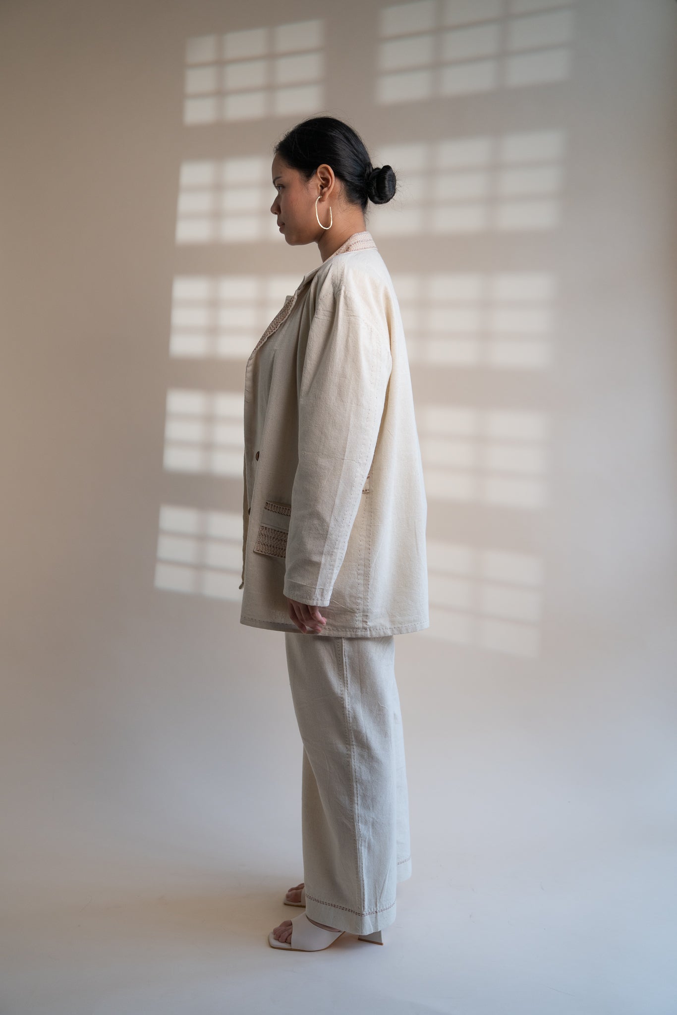 Dawning Unisex Double Breasted Jacket by Lafaani with Beige, Casual Wear, Dawning by Lafaani, Denim, Embroidered, For Him, Hand Woven Cotton, Jackets, Kora, Mens Overlay, Menswear, Natural, Regular Fit, Unisex at Kamakhyaa for sustainable fashion