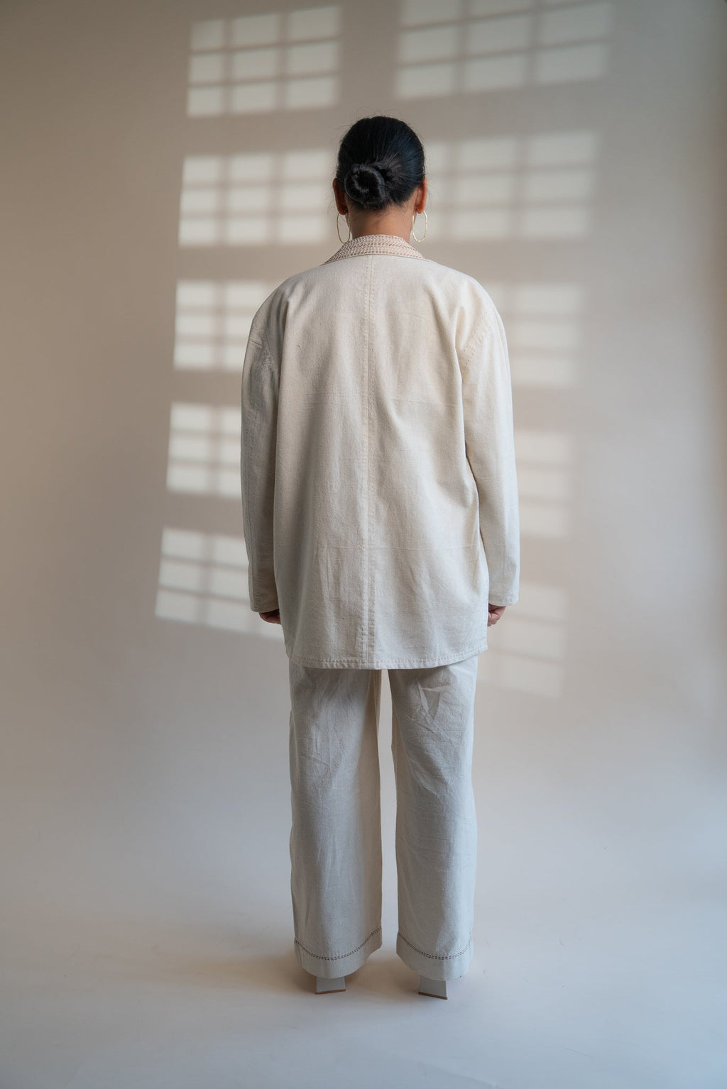 Dawning Unisex Double Breasted Jacket by Lafaani with Beige, Casual Wear, Dawning by Lafaani, Denim, Embroidered, For Him, Hand Woven Cotton, Jackets, Kora, Mens Overlay, Menswear, Natural, Regular Fit, Unisex at Kamakhyaa for sustainable fashion