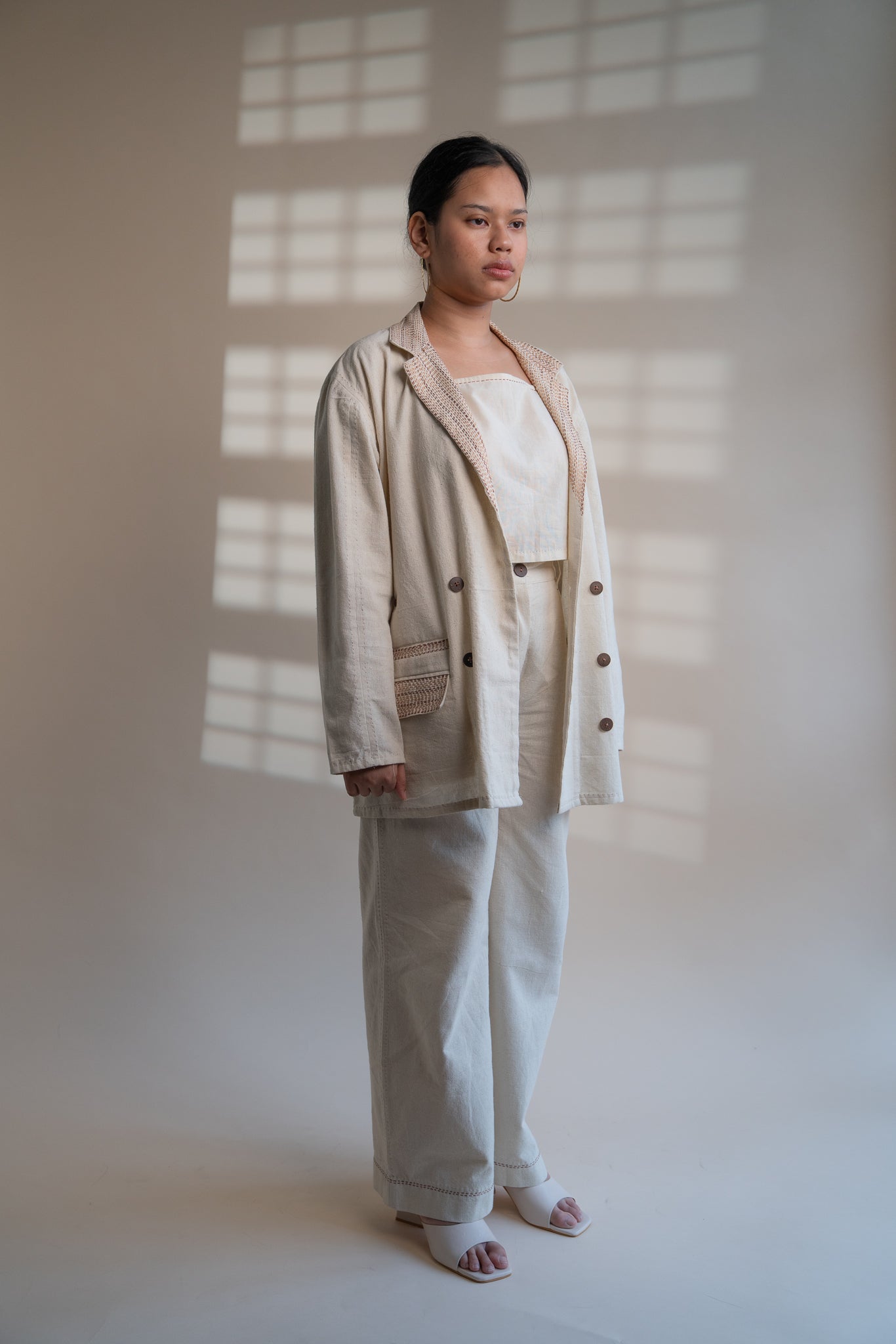 Dawning Unisex Double Breasted Jacket by Lafaani with Beige, Casual Wear, Dawning by Lafaani, Denim, Embroidered, For Him, Hand Woven Cotton, Jackets, Kora, Mens Overlay, Menswear, Natural, Regular Fit, Unisex at Kamakhyaa for sustainable fashion