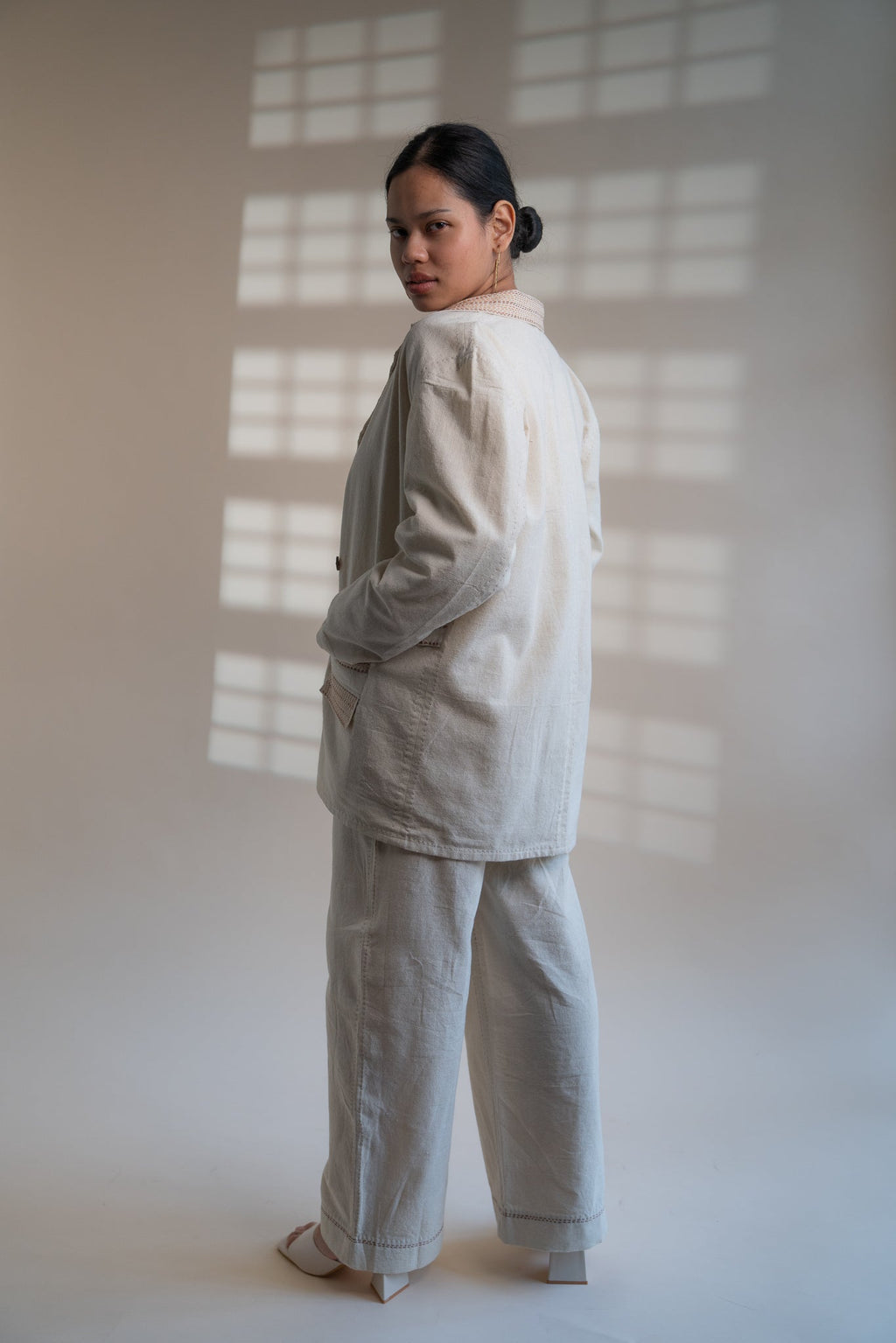 Dawning Unisex Double Breasted Jacket by Lafaani with Beige, Casual Wear, Dawning by Lafaani, Denim, Embroidered, For Him, Hand Woven Cotton, Jackets, Kora, Mens Overlay, Menswear, Natural, Regular Fit, Unisex at Kamakhyaa for sustainable fashion