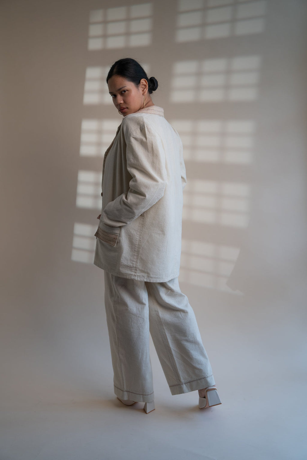 Dawning Unisex Double Breasted Jacket by Lafaani with Beige, Casual Wear, Dawning by Lafaani, Denim, Embroidered, For Him, Hand Woven Cotton, Jackets, Kora, Mens Overlay, Menswear, Natural, Regular Fit, Unisex at Kamakhyaa for sustainable fashion