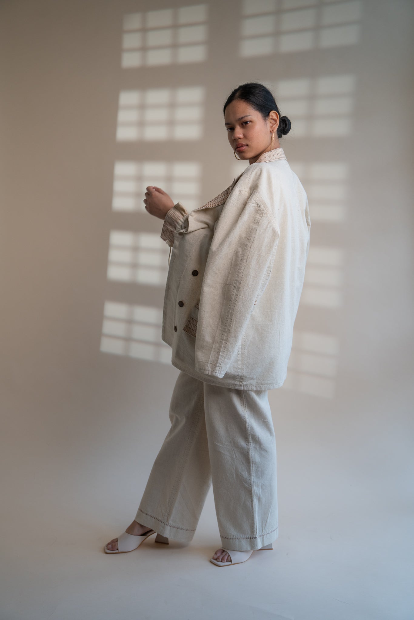 Dawning Unisex Double Breasted Jacket by Lafaani with Beige, Casual Wear, Dawning by Lafaani, Denim, Embroidered, For Him, Hand Woven Cotton, Jackets, Kora, Mens Overlay, Menswear, Natural, Regular Fit, Unisex at Kamakhyaa for sustainable fashion