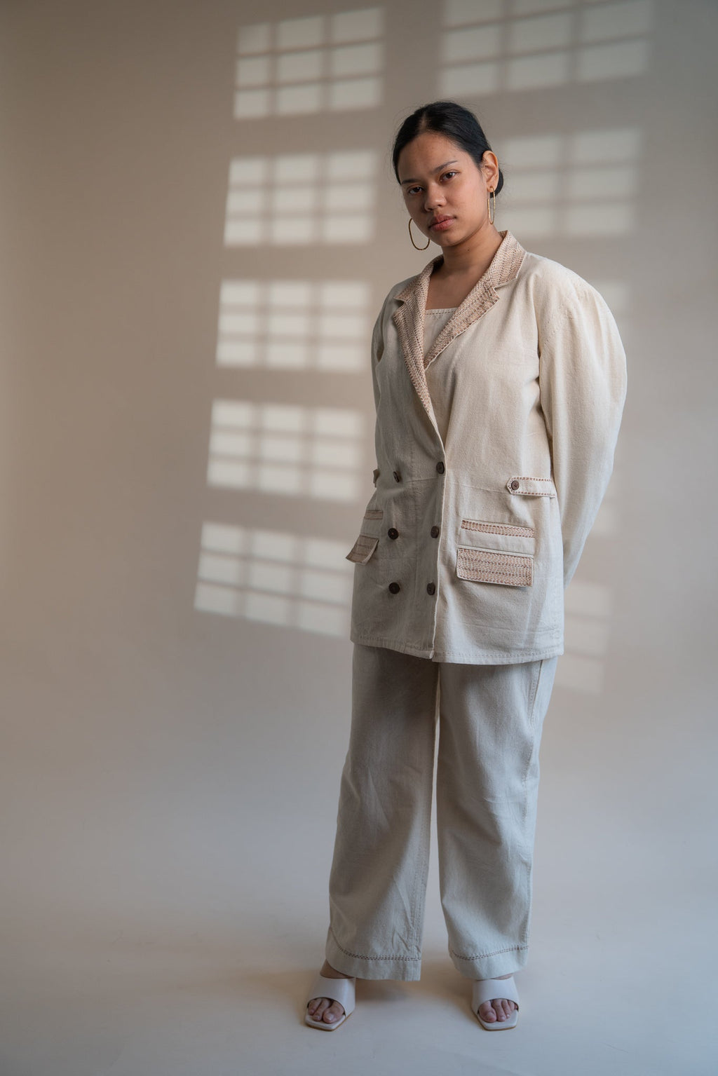 Dawning Unisex Double Breasted Jacket by Lafaani with Beige, Casual Wear, Dawning by Lafaani, Denim, Embroidered, For Him, Hand Woven Cotton, Jackets, Kora, Mens Overlay, Menswear, Natural, Regular Fit, Unisex at Kamakhyaa for sustainable fashion