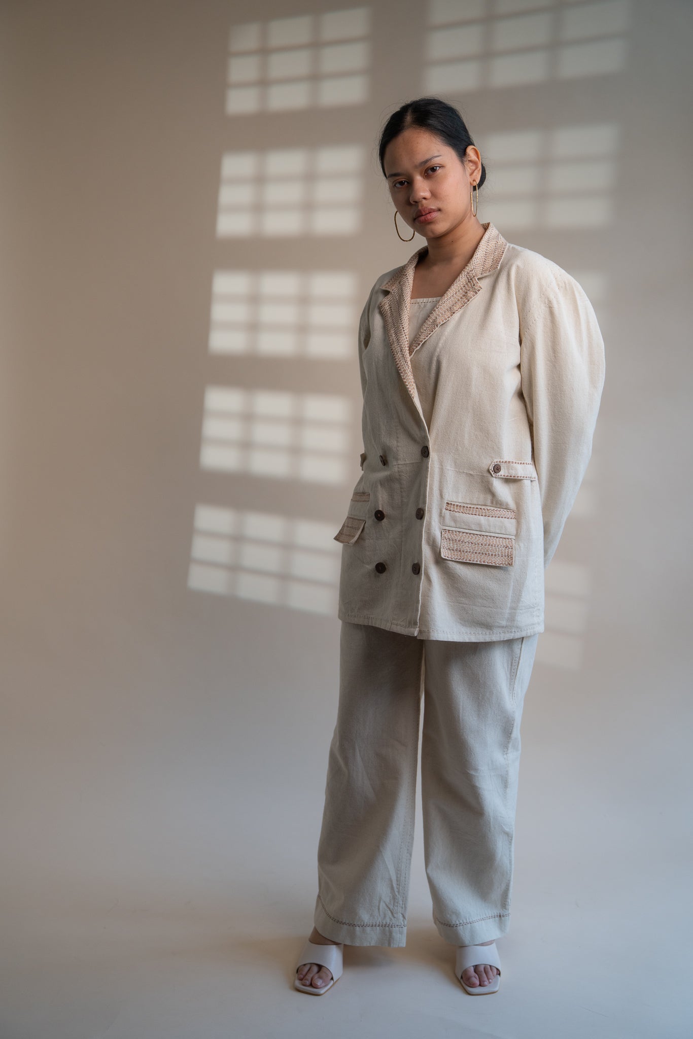 Dawning Unisex Double Breasted Jacket by Lafaani with Beige, Casual Wear, Dawning by Lafaani, Denim, Embroidered, For Him, Hand Woven Cotton, Jackets, Kora, Mens Overlay, Menswear, Natural, Regular Fit, Unisex at Kamakhyaa for sustainable fashion