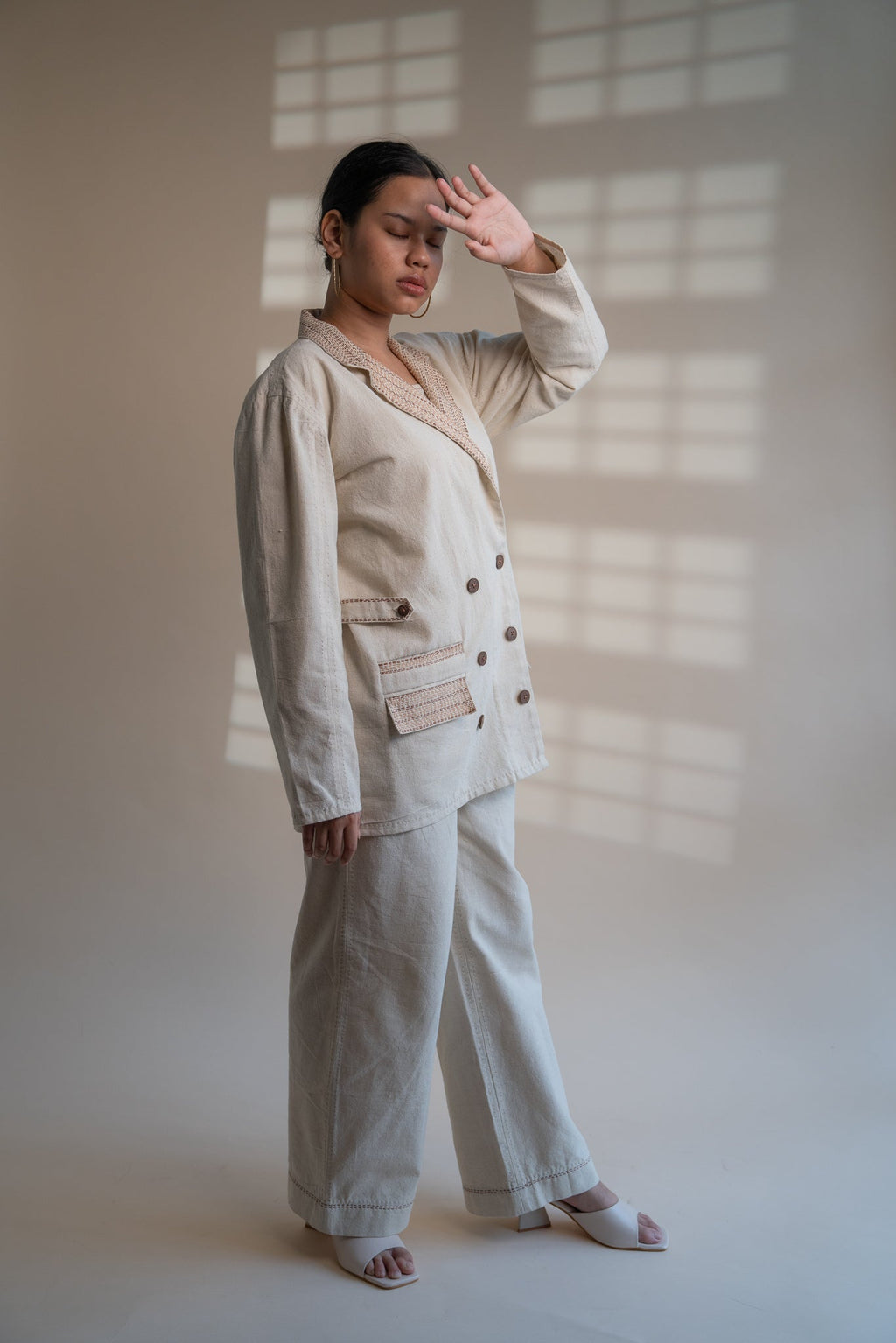 Dawning Unisex Double Breasted Jacket by Lafaani with Beige, Casual Wear, Dawning by Lafaani, Denim, Embroidered, For Him, Hand Woven Cotton, Jackets, Kora, Mens Overlay, Menswear, Natural, Regular Fit, Unisex at Kamakhyaa for sustainable fashion