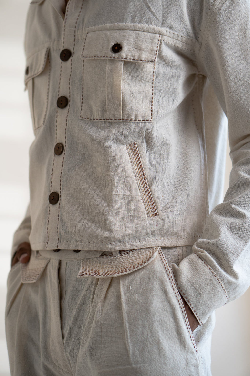 Dawning Shirt Jacket by Lafaani with Beige, Casual Wear, Dawning by Lafaani, Denim, Embroidered, For Him, For Siblings, Hand Woven Cotton, Jackets, Kora, Mens Overlay, Menswear, Natural, Regular Fit at Kamakhyaa for sustainable fashion