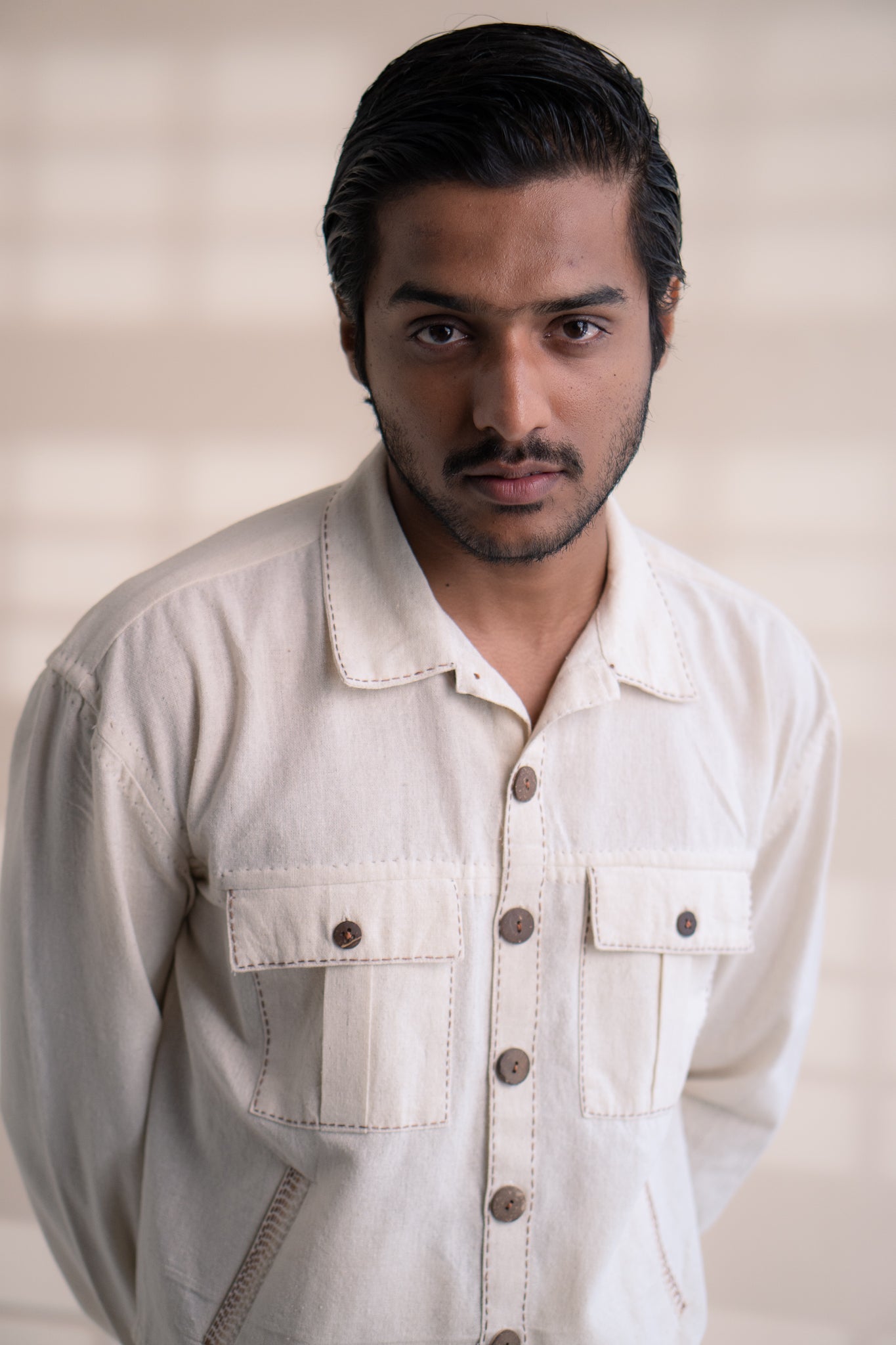 Dawning Shirt Jacket by Lafaani with Beige, Casual Wear, Dawning by Lafaani, Denim, Embroidered, For Him, For Siblings, Hand Woven Cotton, Jackets, Kora, Mens Overlay, Menswear, Natural, Regular Fit at Kamakhyaa for sustainable fashion