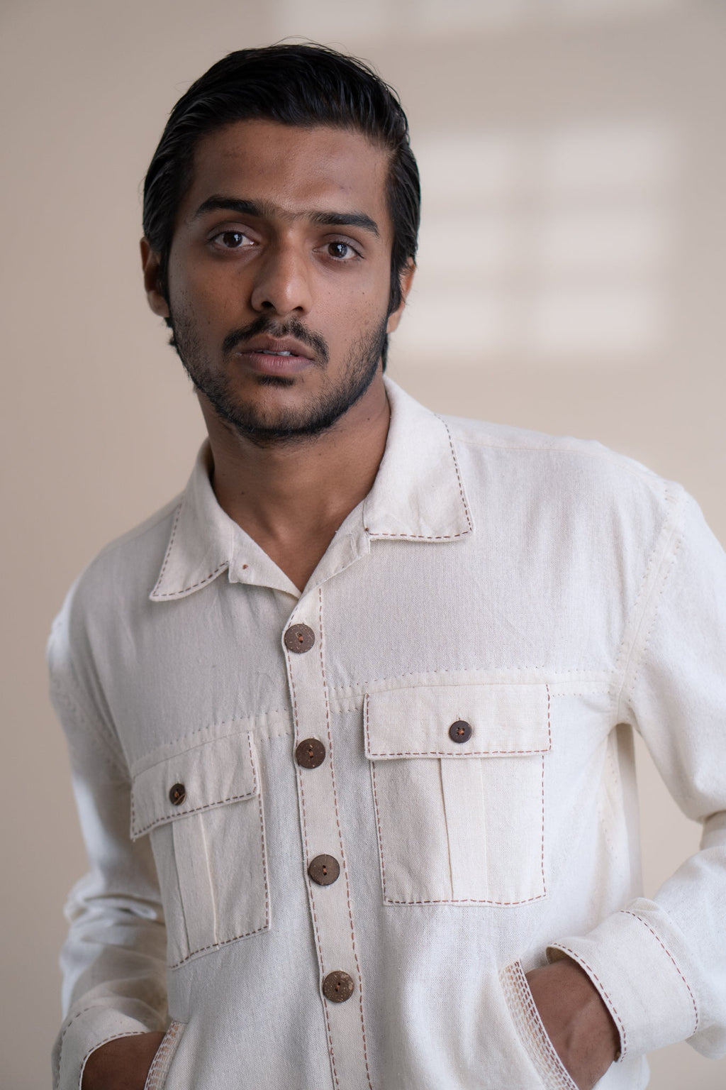 Dawning Shirt Jacket by Lafaani with Beige, Casual Wear, Dawning by Lafaani, Denim, Embroidered, For Him, For Siblings, Hand Woven Cotton, Jackets, Kora, Mens Overlay, Menswear, Natural, Regular Fit at Kamakhyaa for sustainable fashion