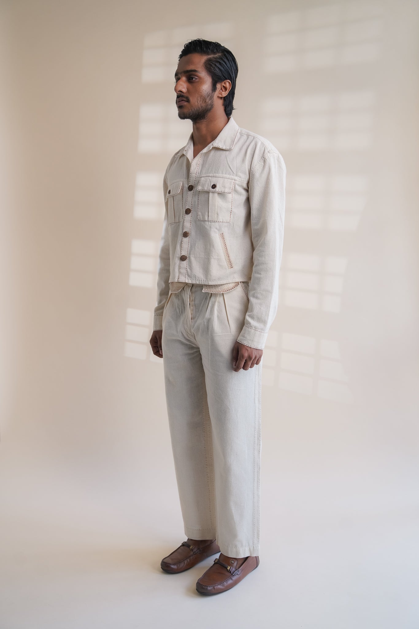 Dawning Shirt Jacket by Lafaani with Beige, Casual Wear, Dawning by Lafaani, Denim, Embroidered, For Him, For Siblings, Hand Woven Cotton, Jackets, Kora, Mens Overlay, Menswear, Natural, Regular Fit at Kamakhyaa for sustainable fashion