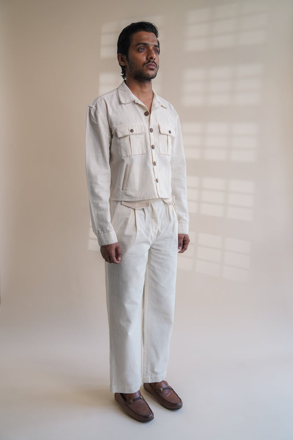Dawning Shirt Jacket by Lafaani with Beige, Casual Wear, Dawning by Lafaani, Denim, Embroidered, For Him, For Siblings, Hand Woven Cotton, Jackets, Kora, Mens Overlay, Menswear, Natural, Regular Fit at Kamakhyaa for sustainable fashion