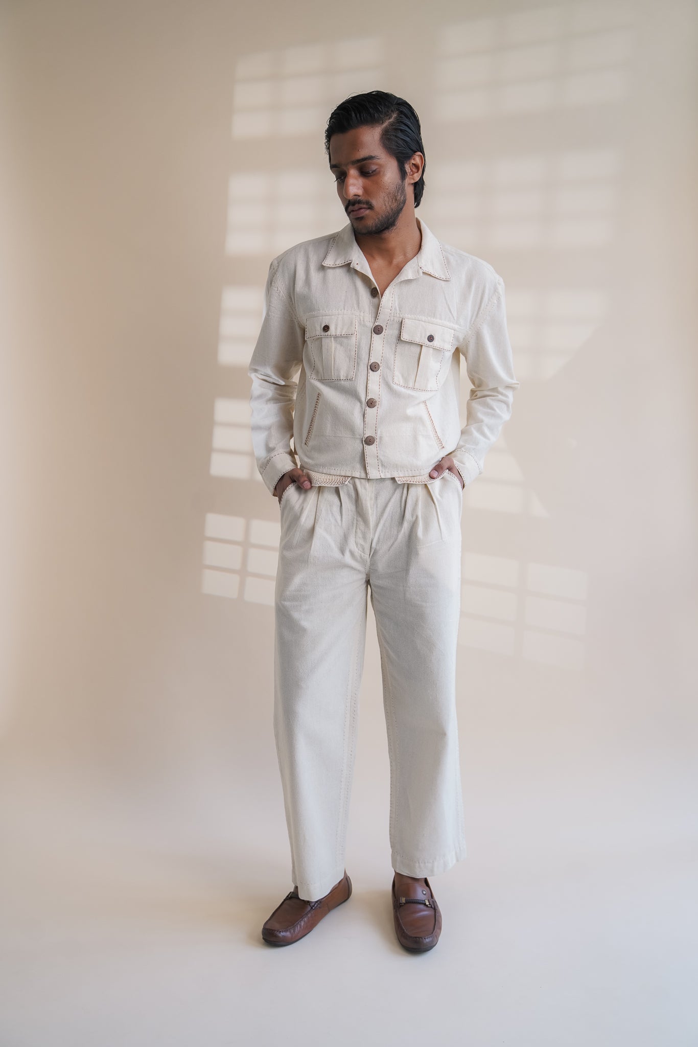 Dawning Shirt Jacket by Lafaani with Beige, Casual Wear, Dawning by Lafaani, Denim, Embroidered, For Him, For Siblings, Hand Woven Cotton, Jackets, Kora, Mens Overlay, Menswear, Natural, Regular Fit at Kamakhyaa for sustainable fashion