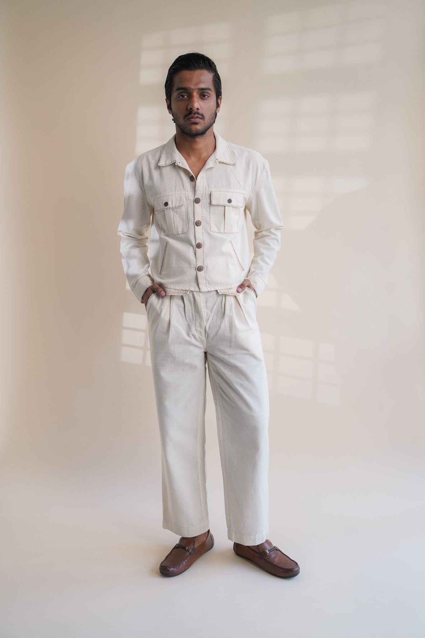 Dawning Shirt Jacket at Kamakhyaa by Lafaani. This item is Beige, Casual Wear, Denim, Embroidered, For Him, For Siblings, Hand Woven Cotton, Jackets, Kora, Mens Overlay, Menswear, Natural, Regular Fit