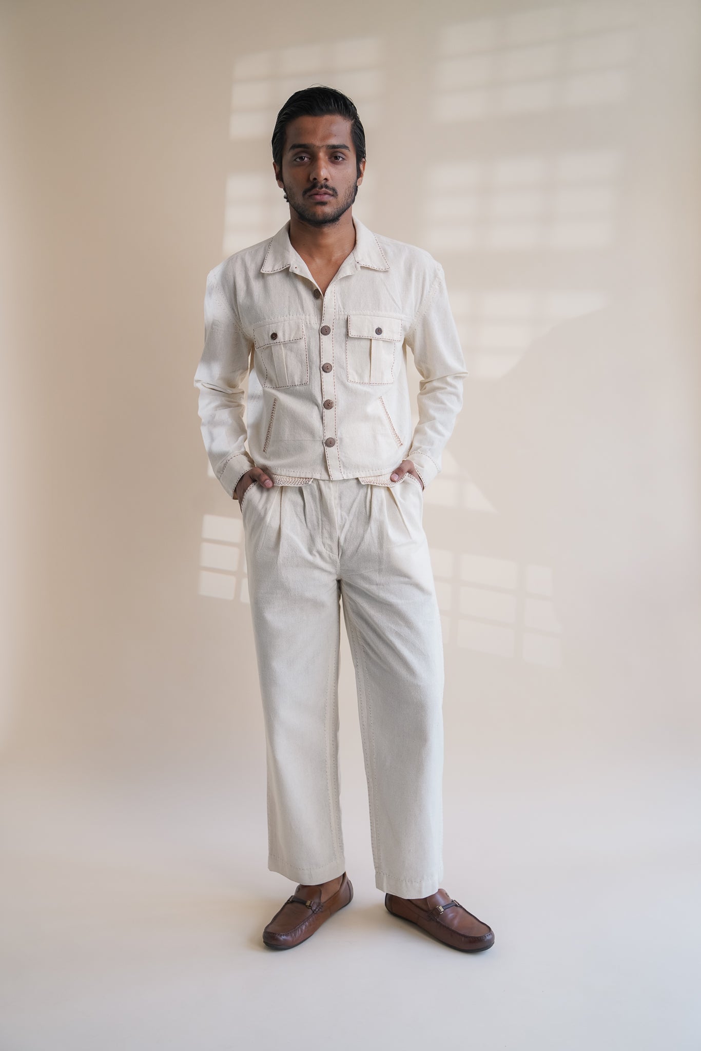 Dawning Shirt Jacket by Lafaani with Beige, Casual Wear, Dawning by Lafaani, Denim, Embroidered, For Him, For Siblings, Hand Woven Cotton, Jackets, Kora, Mens Overlay, Menswear, Natural, Regular Fit at Kamakhyaa for sustainable fashion