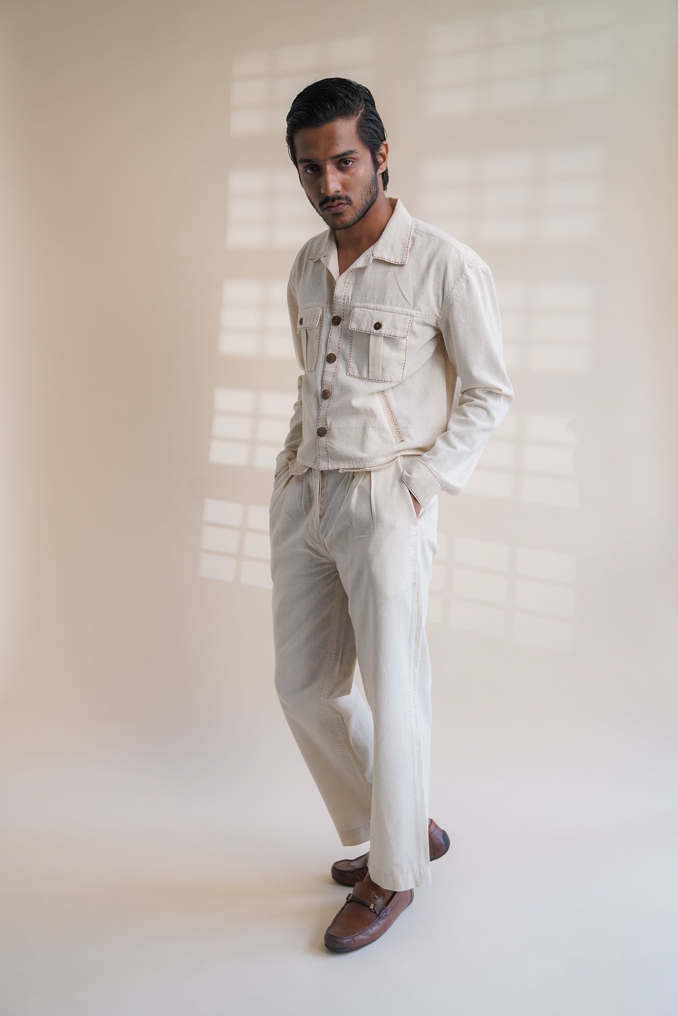Dawning Shirt Jacket by Lafaani with Beige, Casual Wear, Dawning by Lafaani, Denim, Embroidered, For Him, For Siblings, Hand Woven Cotton, Jackets, Kora, Mens Overlay, Menswear, Natural, Regular Fit at Kamakhyaa for sustainable fashion