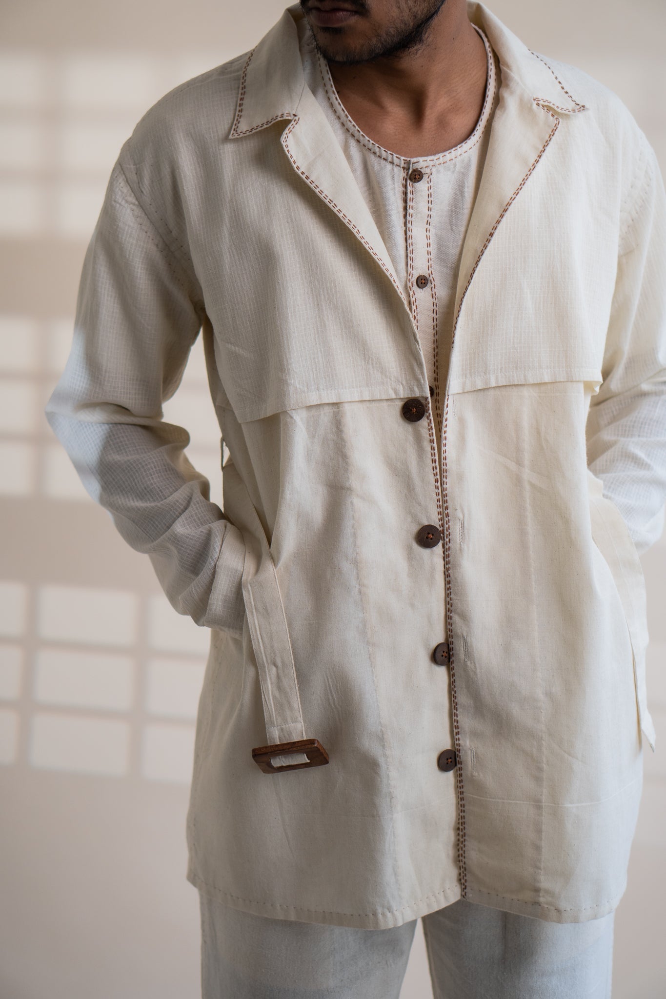 Dawning Trench Overlay by Lafaani with Beige, Casual Wear, Dawning by Lafaani, Denim, Embroidered, For Him, Hand Woven Cotton, Kora, Mens Overlay, Menswear, Natural, Regular Fit, Trench Coats at Kamakhyaa for sustainable fashion