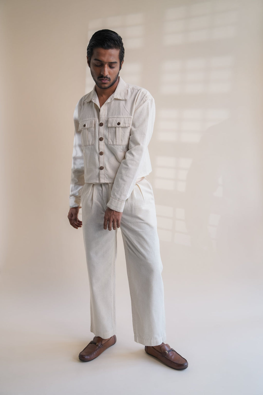 Dawning Shirt Jacket by Lafaani with Beige, Casual Wear, Dawning by Lafaani, Denim, Embroidered, For Him, For Siblings, Hand Woven Cotton, Jackets, Kora, Mens Overlay, Menswear, Natural, Regular Fit at Kamakhyaa for sustainable fashion