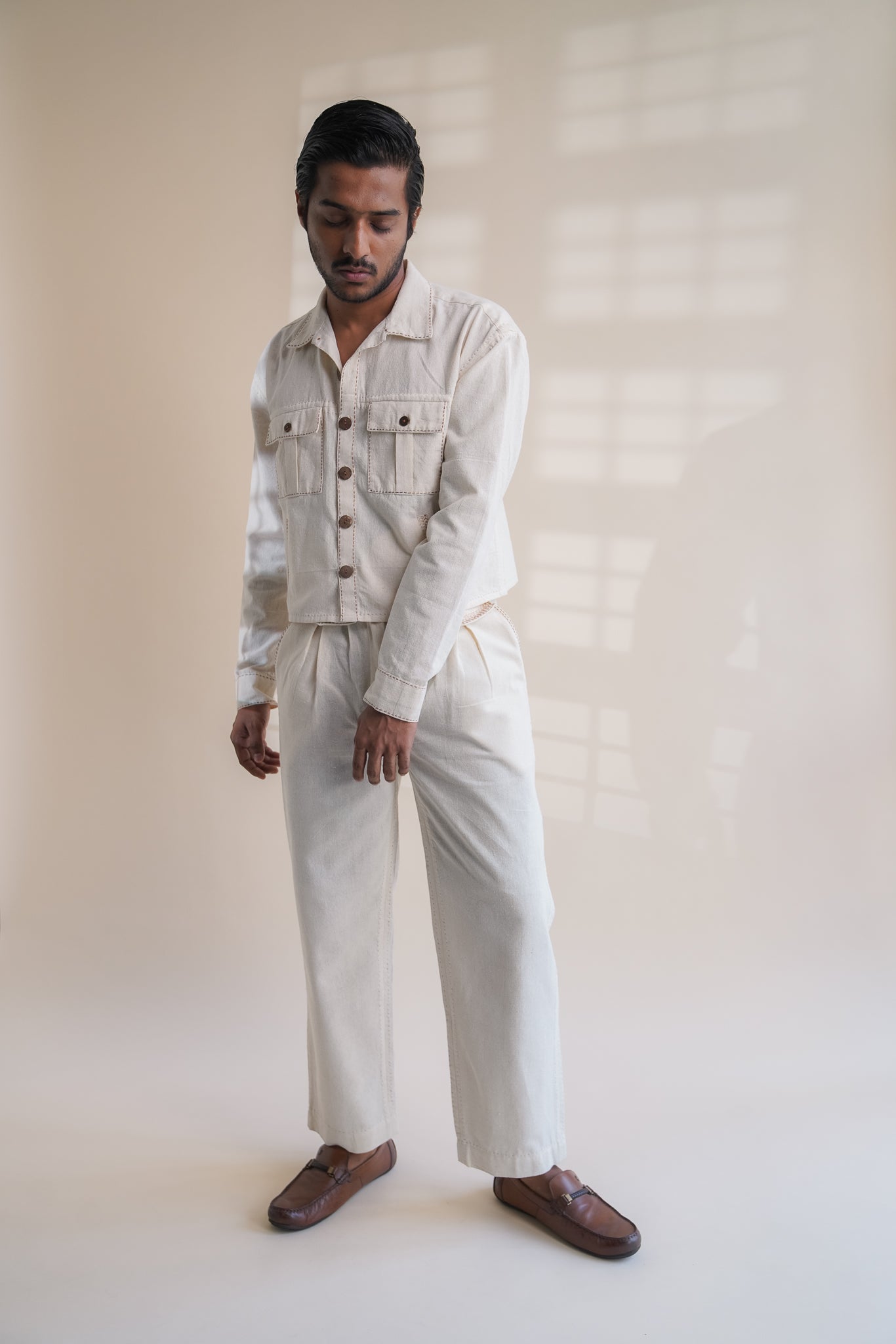 Dawning Shirt Jacket by Lafaani with Beige, Casual Wear, Dawning by Lafaani, Denim, Embroidered, For Him, For Siblings, Hand Woven Cotton, Jackets, Kora, Mens Overlay, Menswear, Natural, Regular Fit at Kamakhyaa for sustainable fashion