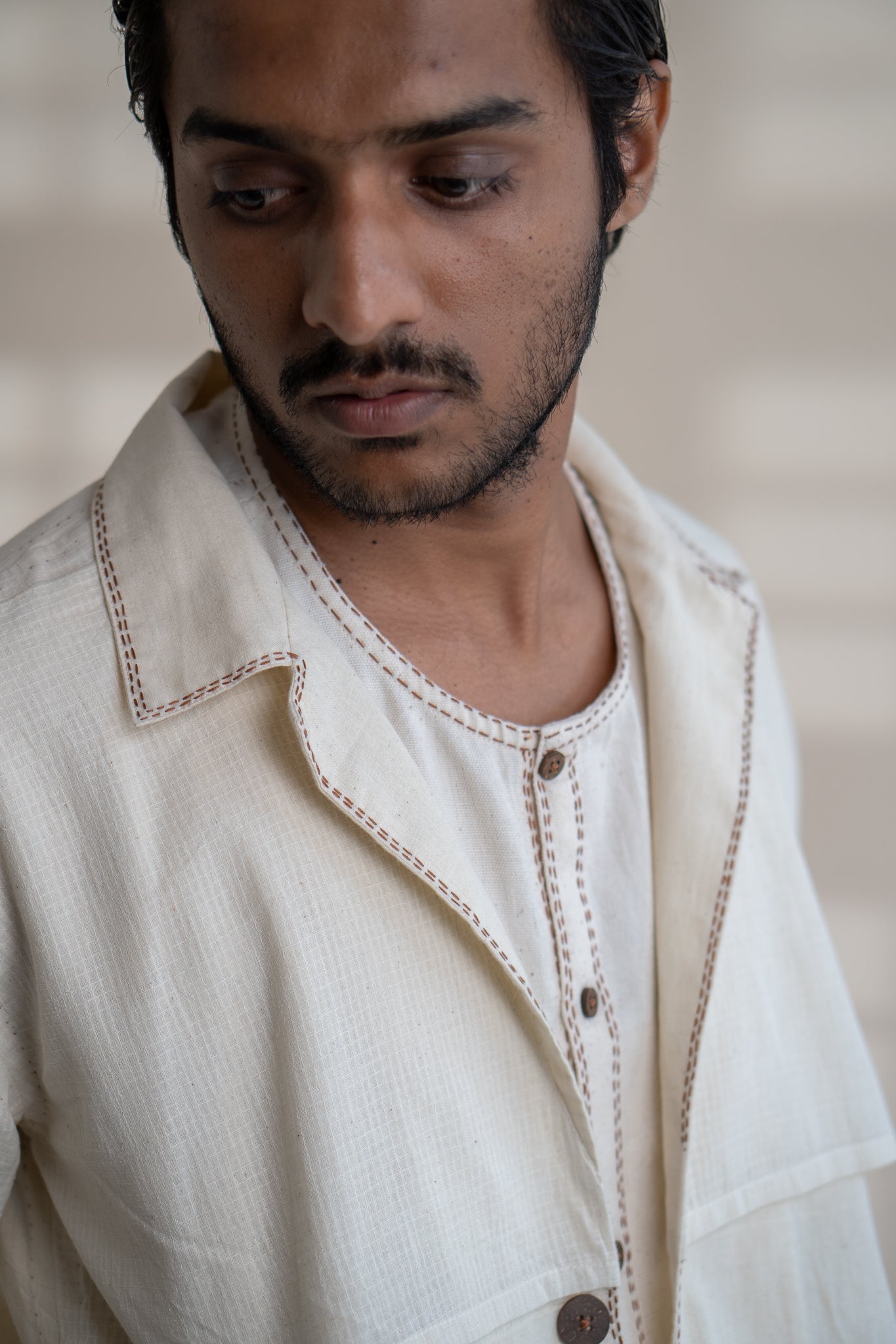 Dawning Trench Overlay by Lafaani with Beige, Casual Wear, Dawning by Lafaani, Denim, Embroidered, For Him, Hand Woven Cotton, Kora, Mens Overlay, Menswear, Natural, Regular Fit, Trench Coats at Kamakhyaa for sustainable fashion