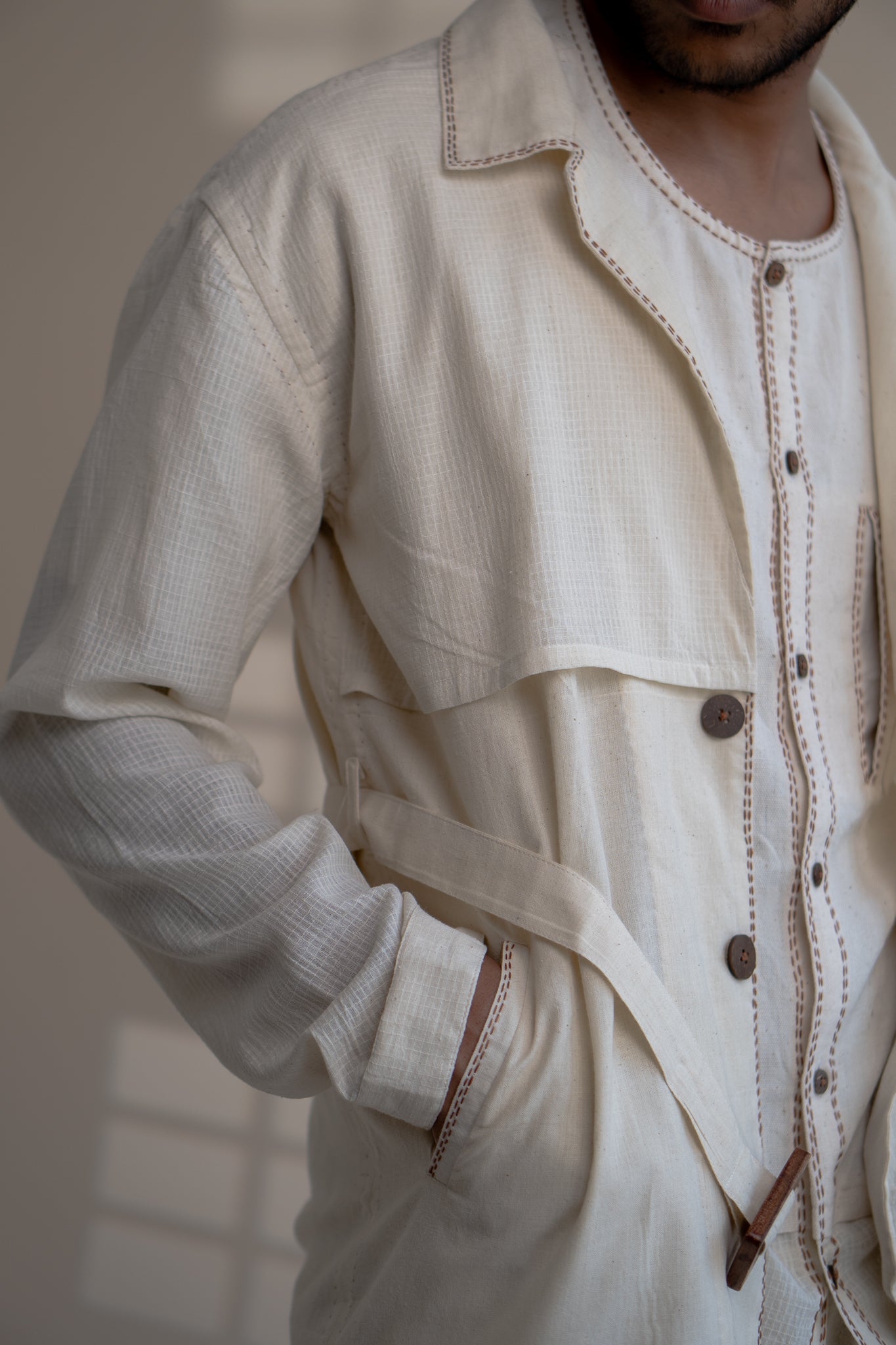 Dawning Trench Overlay by Lafaani with Beige, Casual Wear, Dawning by Lafaani, Denim, Embroidered, For Him, Hand Woven Cotton, Kora, Mens Overlay, Menswear, Natural, Regular Fit, Trench Coats at Kamakhyaa for sustainable fashion
