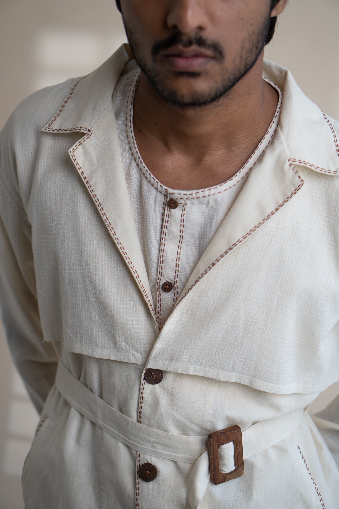 Dawning Trench Overlay by Lafaani with Beige, Casual Wear, Dawning by Lafaani, Denim, Embroidered, For Him, Hand Woven Cotton, Kora, Mens Overlay, Menswear, Natural, Regular Fit, Trench Coats at Kamakhyaa for sustainable fashion