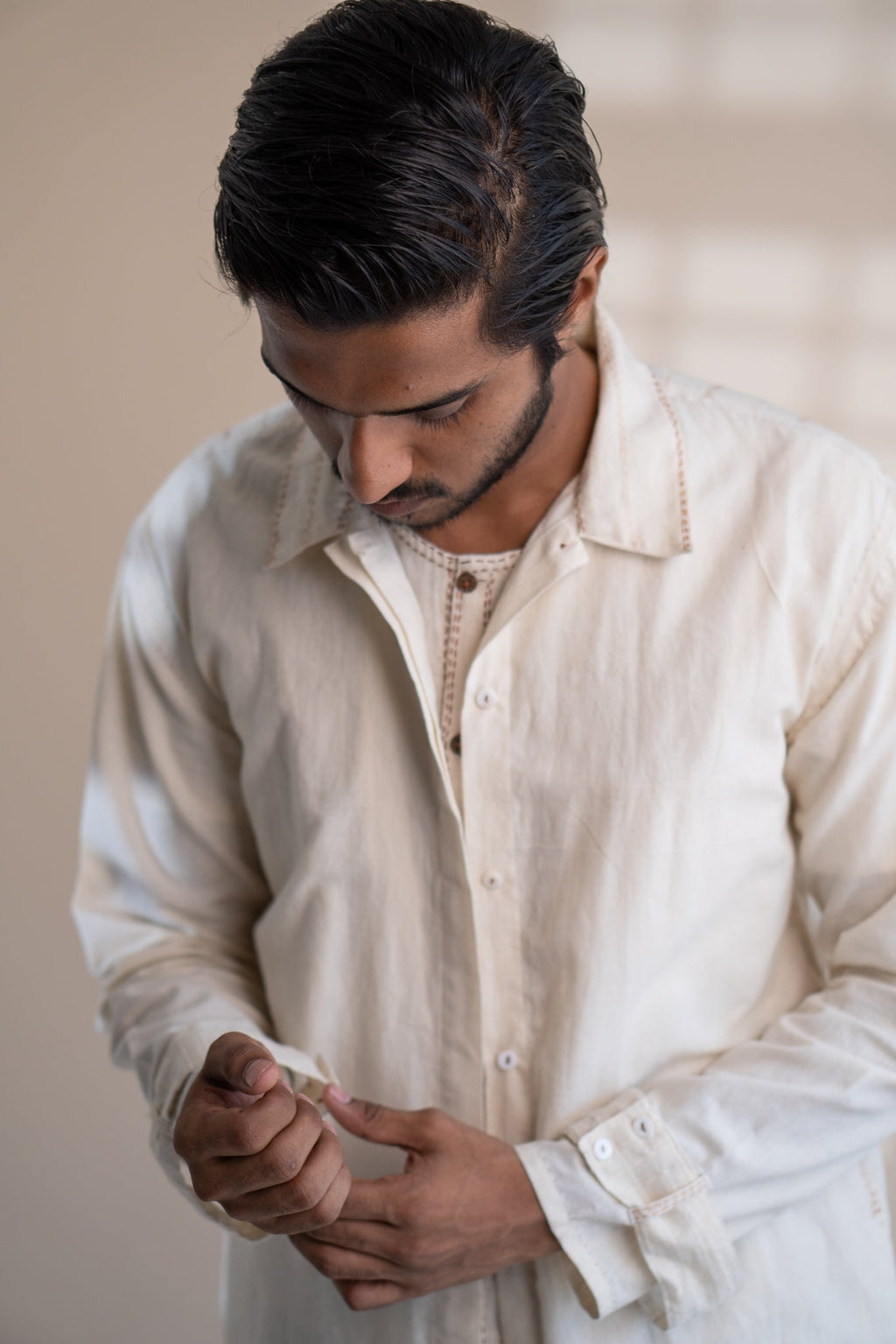 Dawning Unisex Overlay by Lafaani with Beige, Casual Wear, Dawning by Lafaani, Denim, Embroidered, For Him, Hand Woven Cotton, Kora, Mens Overlay, Menswear, Natural, Regular Fit, Trench Coats, Unisex at Kamakhyaa for sustainable fashion