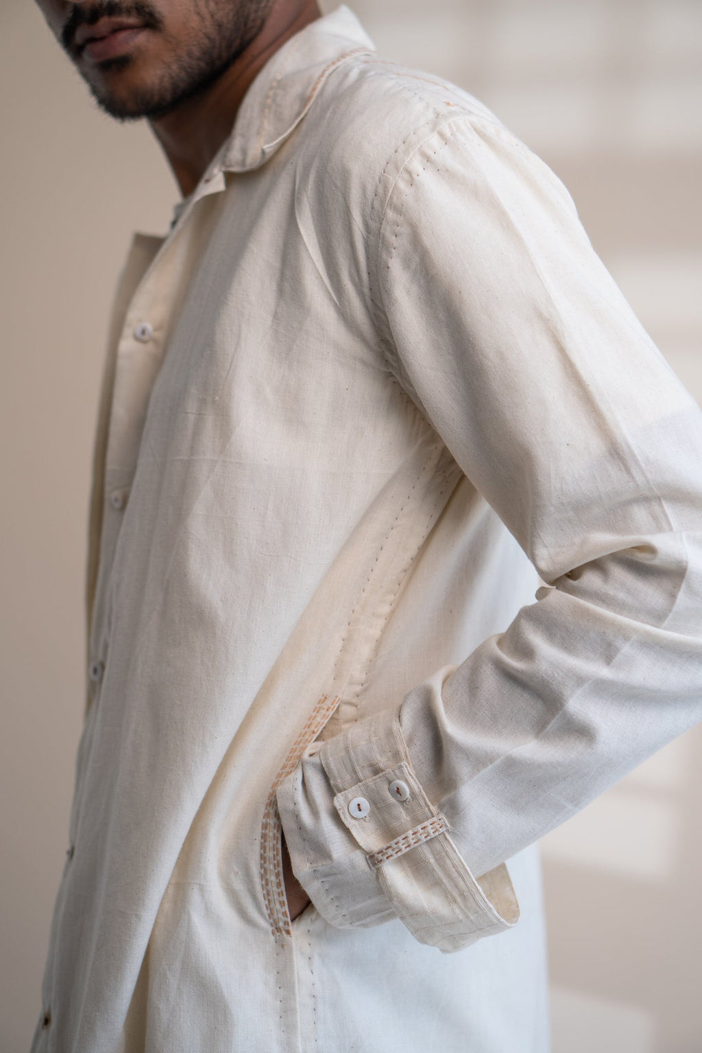 Dawning Unisex Overlay by Lafaani with Beige, Casual Wear, Dawning by Lafaani, Denim, Embroidered, For Him, Hand Woven Cotton, Kora, Mens Overlay, Menswear, Natural, Regular Fit, Trench Coats, Unisex at Kamakhyaa for sustainable fashion