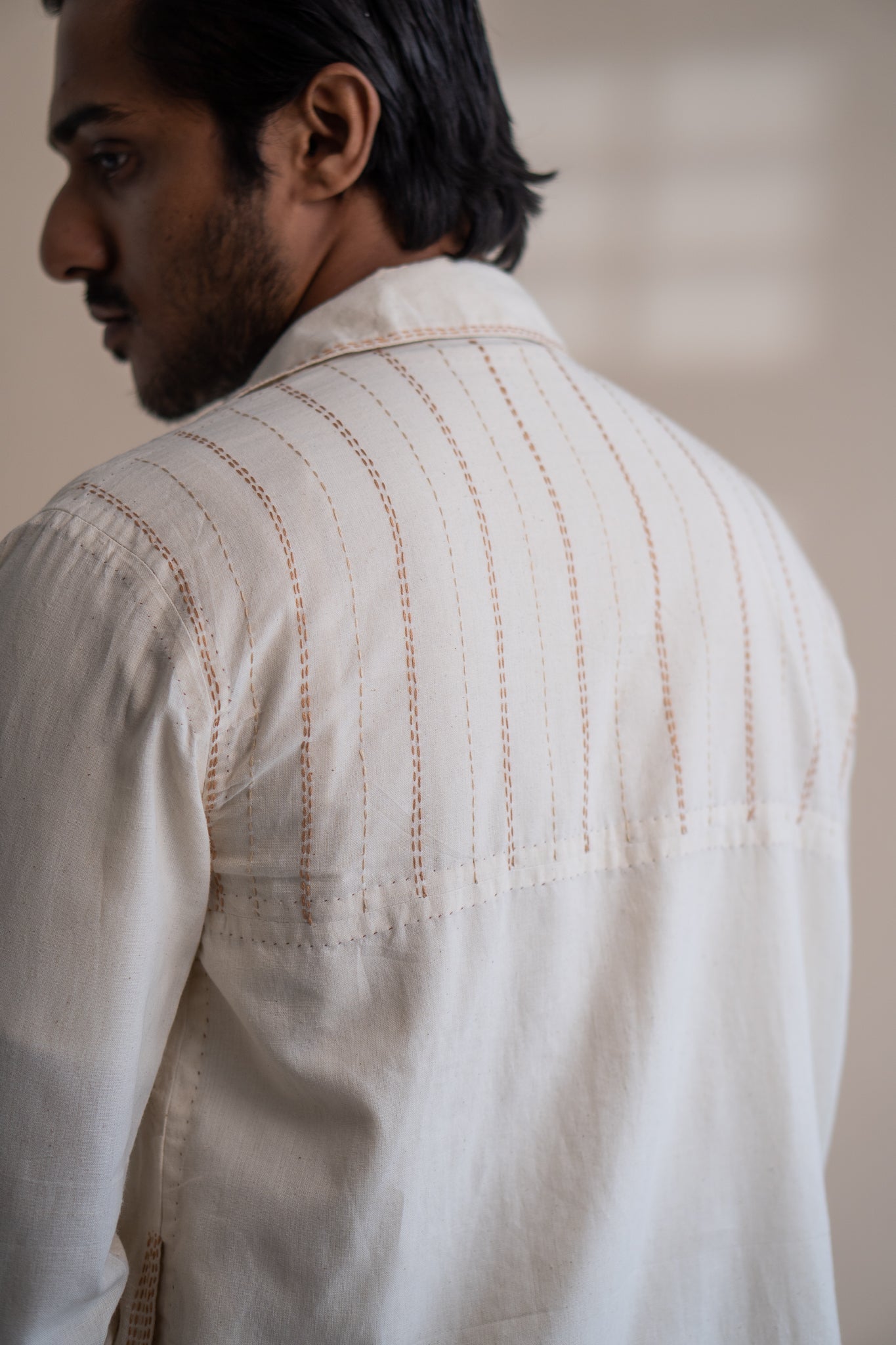 Dawning Unisex Overlay by Lafaani with Beige, Casual Wear, Dawning by Lafaani, Denim, Embroidered, For Him, Hand Woven Cotton, Kora, Mens Overlay, Menswear, Natural, Regular Fit, Trench Coats, Unisex at Kamakhyaa for sustainable fashion