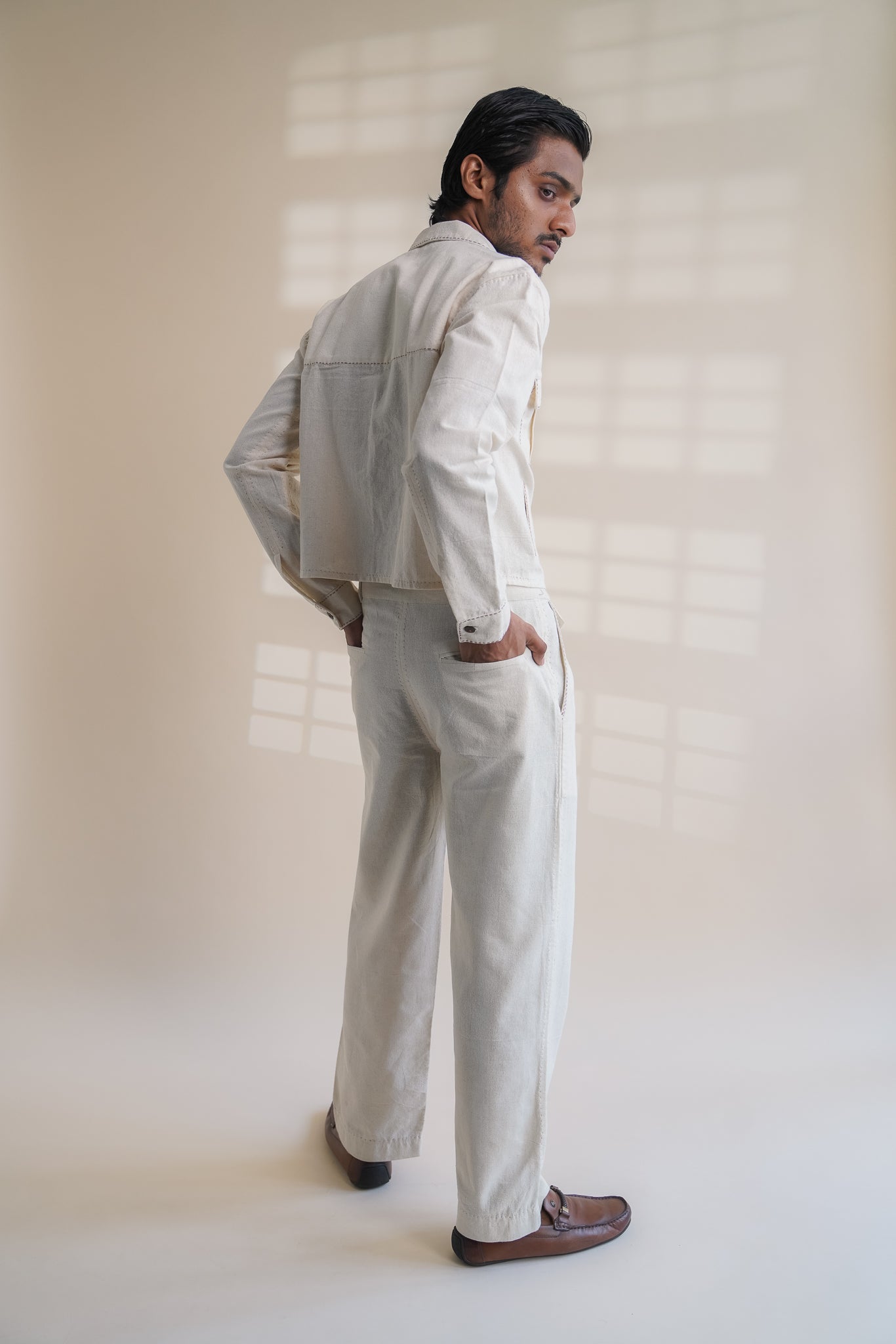 Dawning Shirt Jacket by Lafaani with Beige, Casual Wear, Dawning by Lafaani, Denim, Embroidered, For Him, For Siblings, Hand Woven Cotton, Jackets, Kora, Mens Overlay, Menswear, Natural, Regular Fit at Kamakhyaa for sustainable fashion