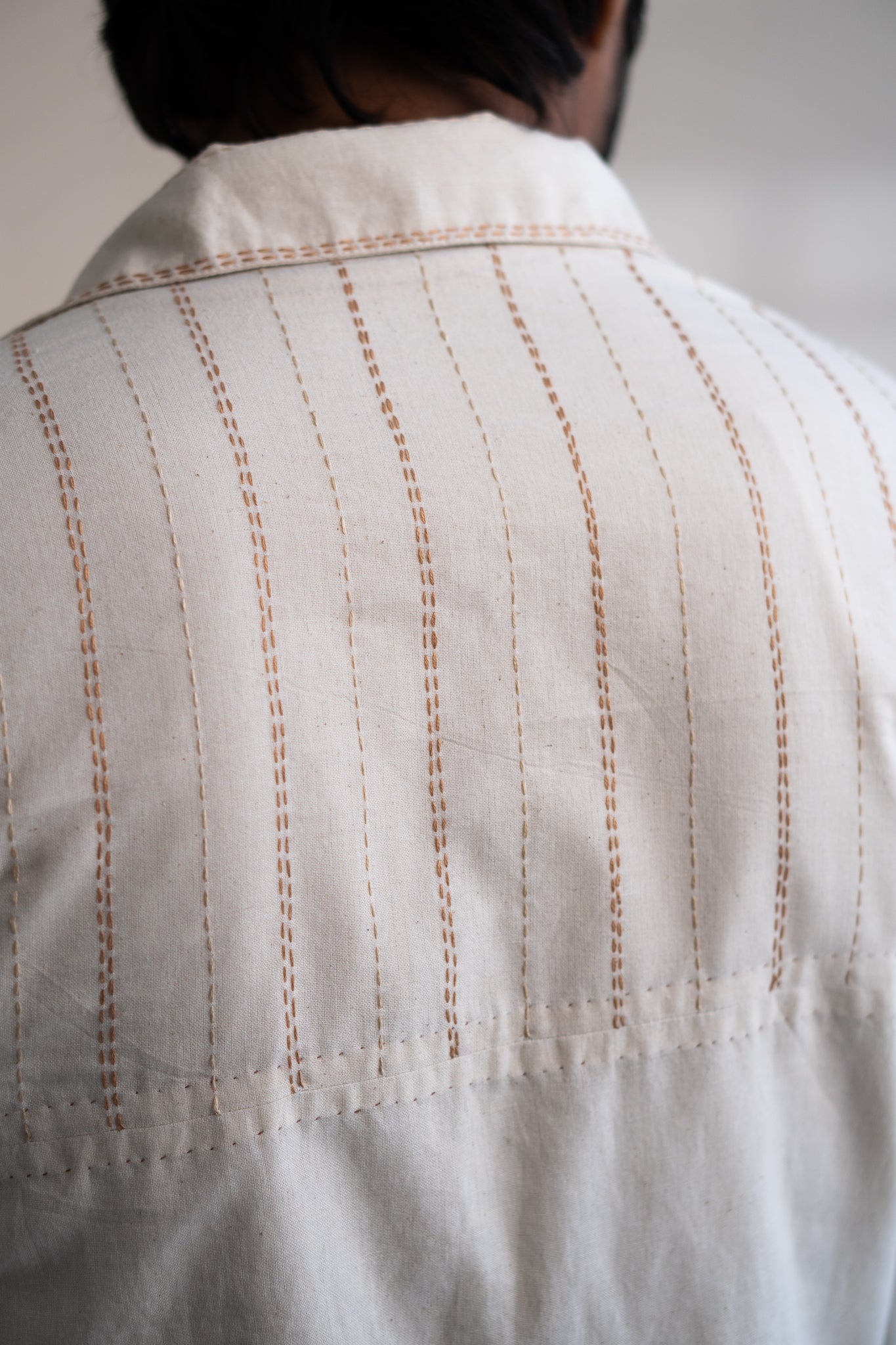 Dawning Unisex Overlay by Lafaani with Beige, Casual Wear, Dawning by Lafaani, Denim, Embroidered, For Him, Hand Woven Cotton, Kora, Mens Overlay, Menswear, Natural, Regular Fit, Trench Coats, Unisex at Kamakhyaa for sustainable fashion