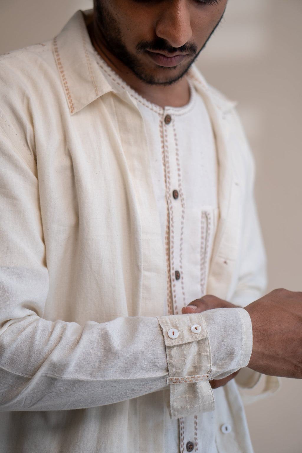 Dawning Unisex Overlay by Lafaani with Beige, Casual Wear, Dawning by Lafaani, Denim, Embroidered, For Him, Hand Woven Cotton, Kora, Mens Overlay, Menswear, Natural, Regular Fit, Trench Coats, Unisex at Kamakhyaa for sustainable fashion