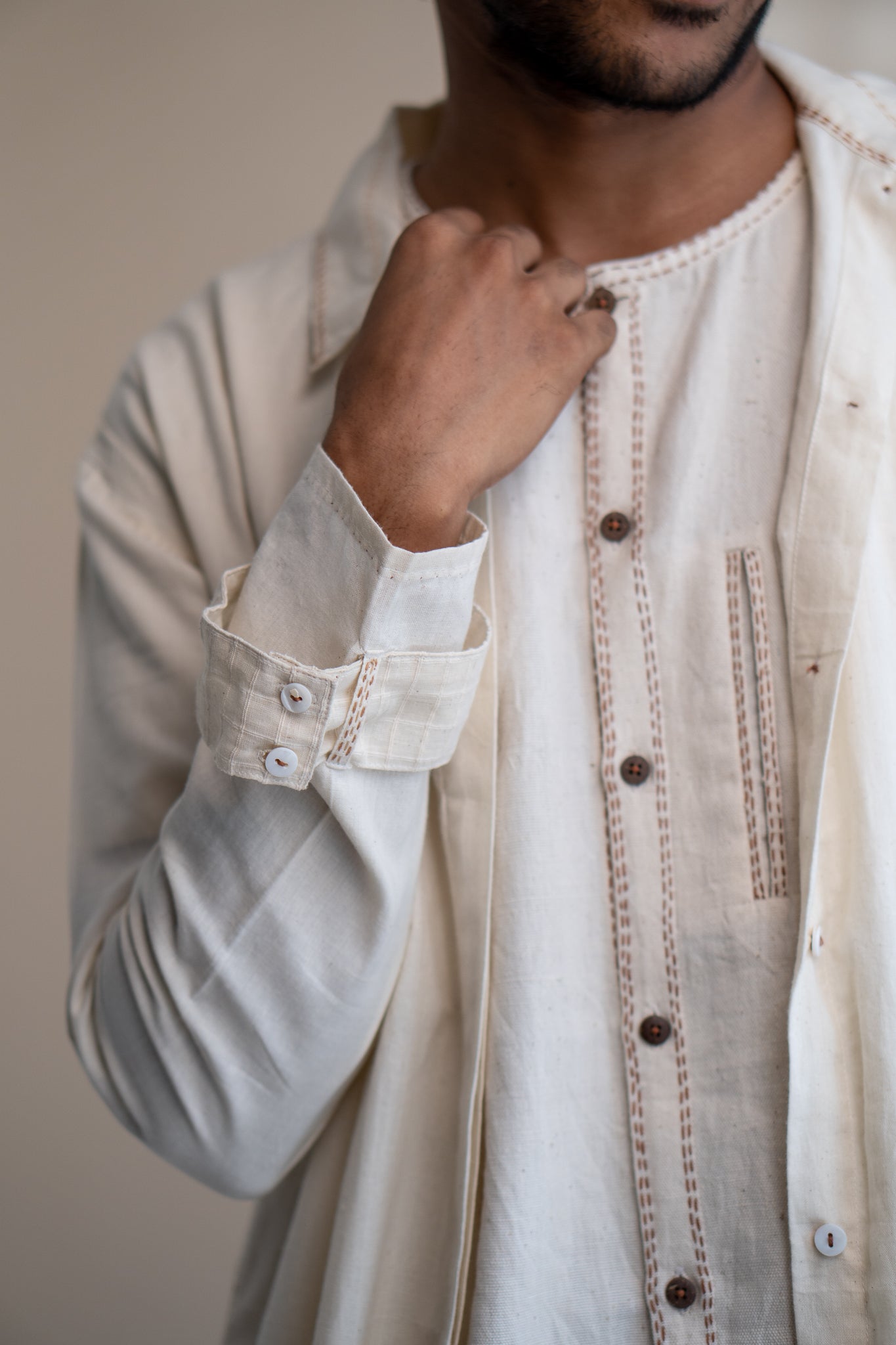 Dawning Unisex Overlay by Lafaani with Beige, Casual Wear, Dawning by Lafaani, Denim, Embroidered, For Him, Hand Woven Cotton, Kora, Mens Overlay, Menswear, Natural, Regular Fit, Trench Coats, Unisex at Kamakhyaa for sustainable fashion